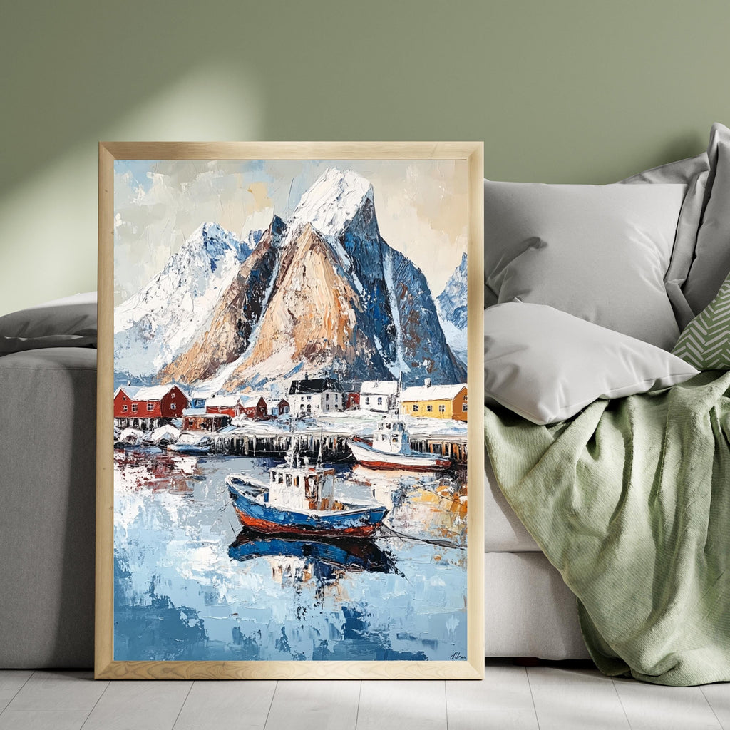 Lofoten Islands Norway Wall Art – Beige Palette Knife Oil Painting – Arctic Coastal Landscape Print