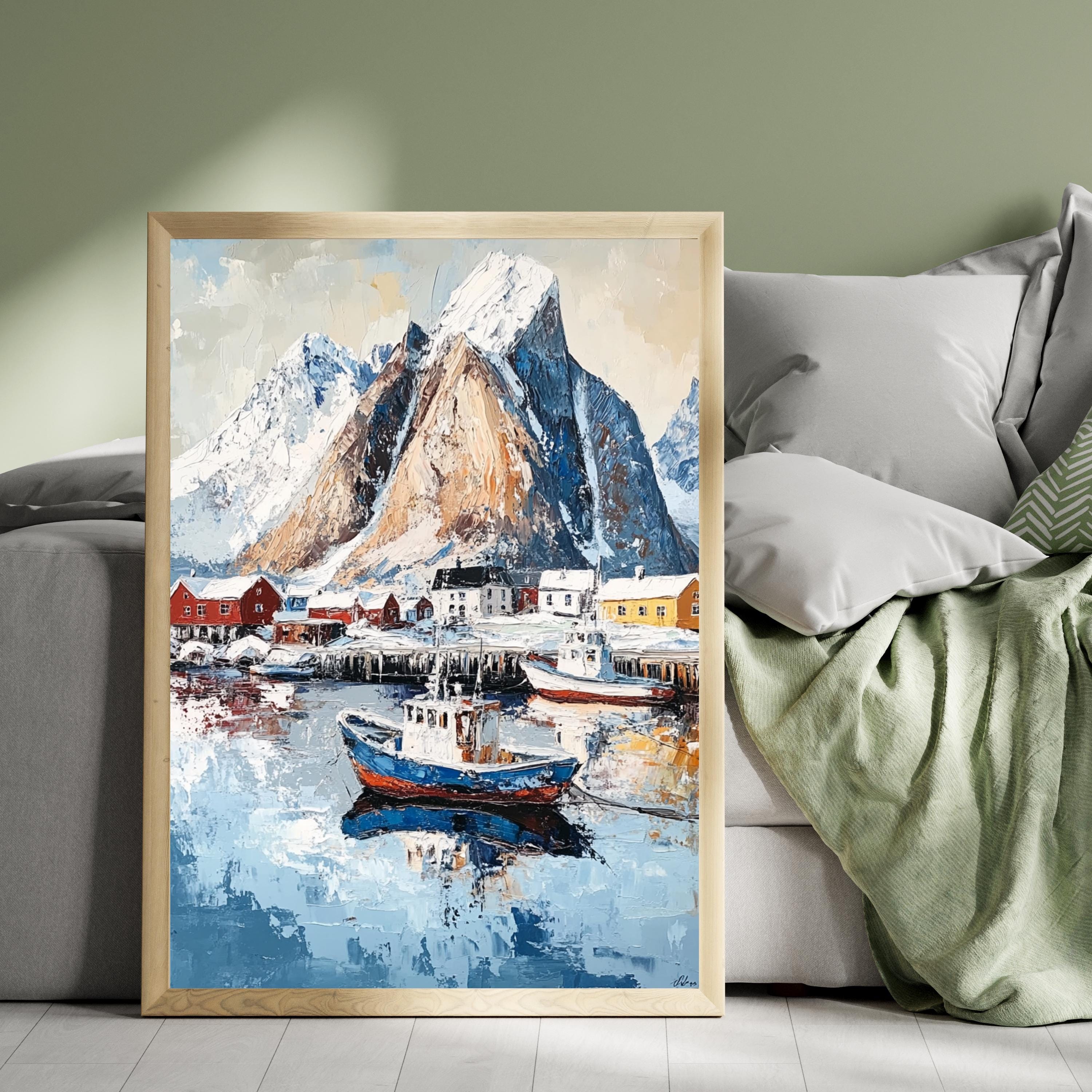 Lofoten Islands Norway Wall Art – Beige Palette Knife Oil Painting – Arctic Coastal Landscape Print