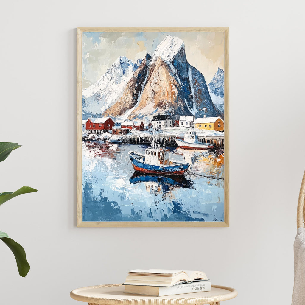 Lofoten Islands Norway Wall Art – Beige Palette Knife Oil Painting – Arctic Coastal Landscape Print