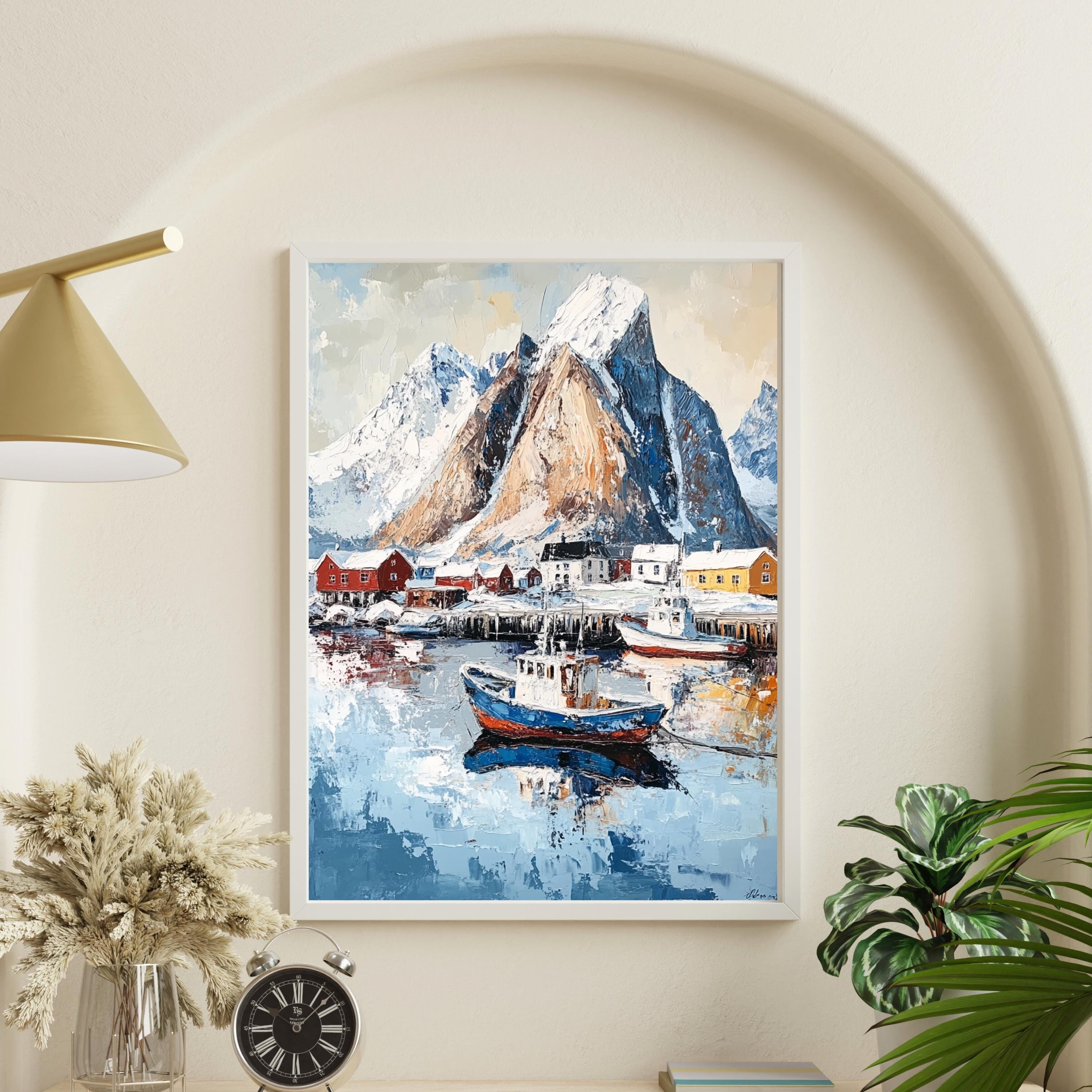 Lofoten Islands Norway Wall Art – Beige Palette Knife Oil Painting – Arctic Coastal Landscape Print