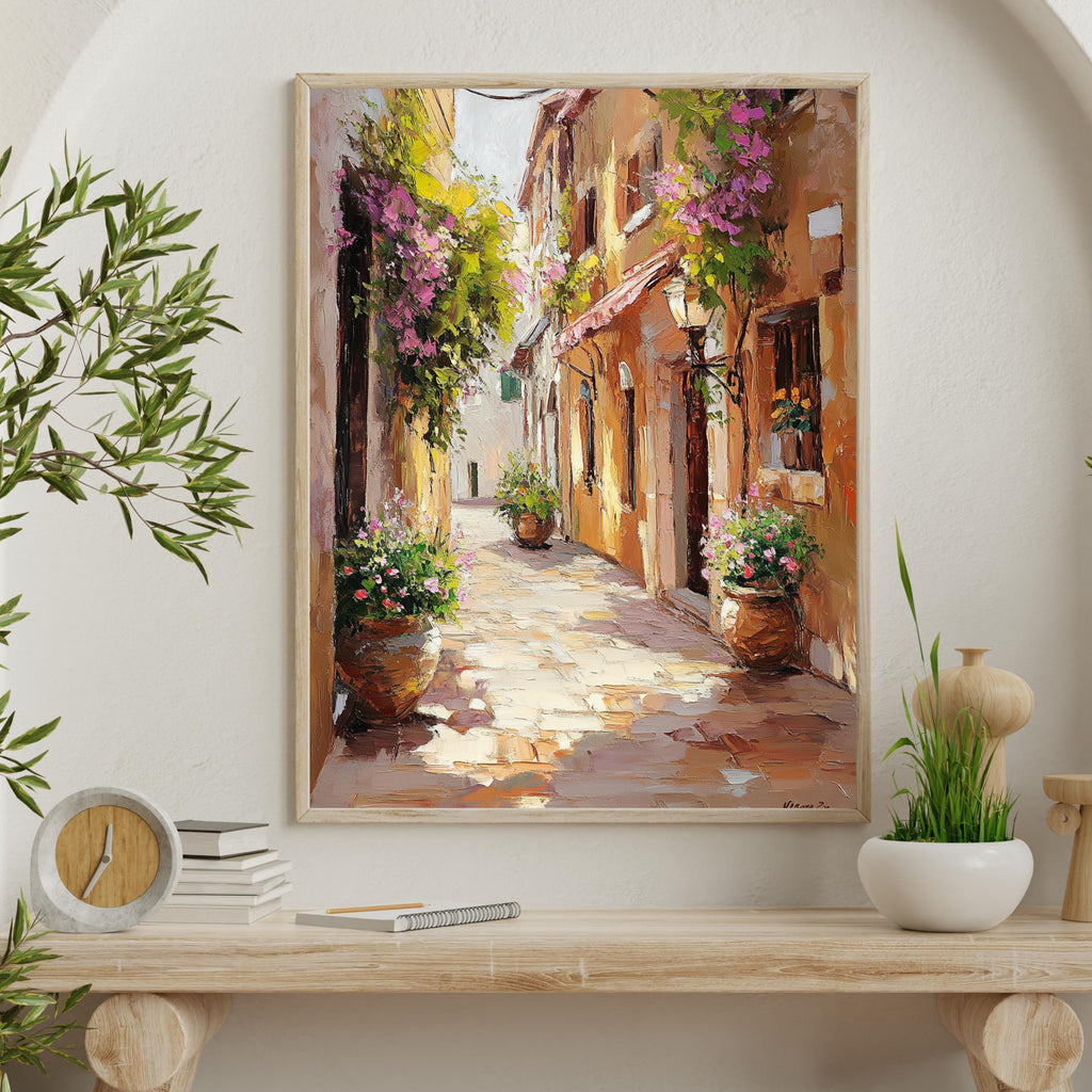 Cinque Terre Italy Wall Art – Beige Palette Knife Oil Painting – Italian Coastal Village Print
