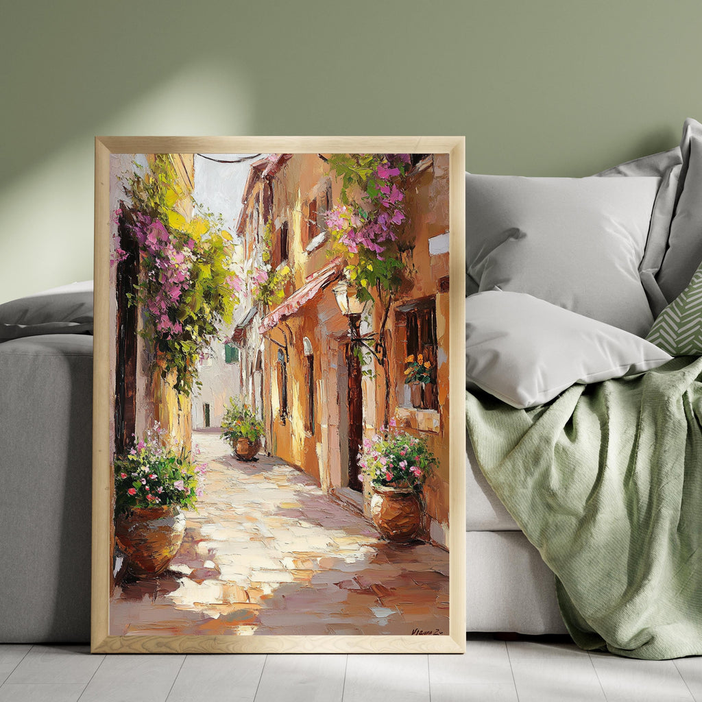 Cinque Terre Italy Wall Art – Beige Palette Knife Oil Painting – Italian Coastal Village Print