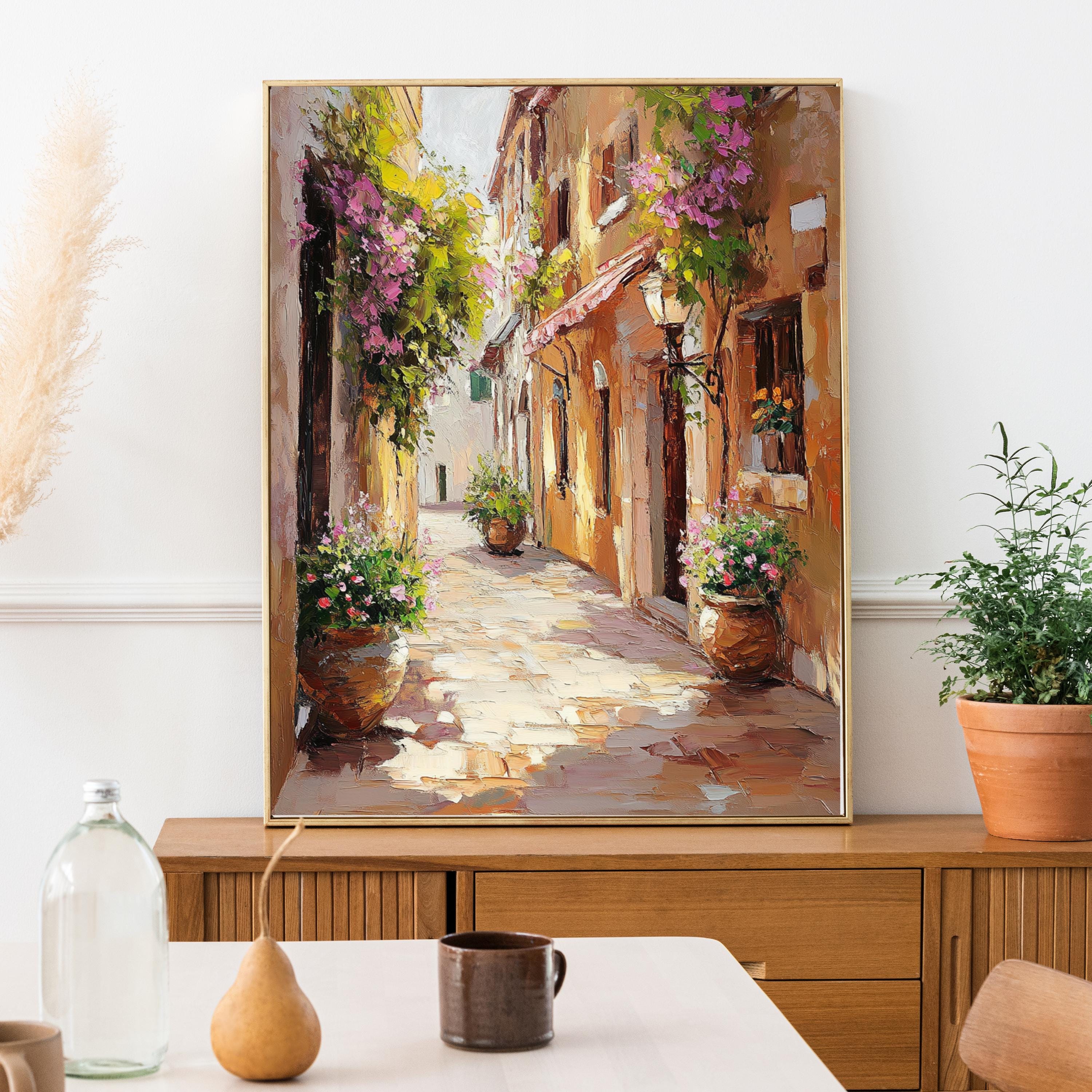 Cinque Terre Italy Wall Art – Beige Palette Knife Oil Painting – Italian Coastal Village Print