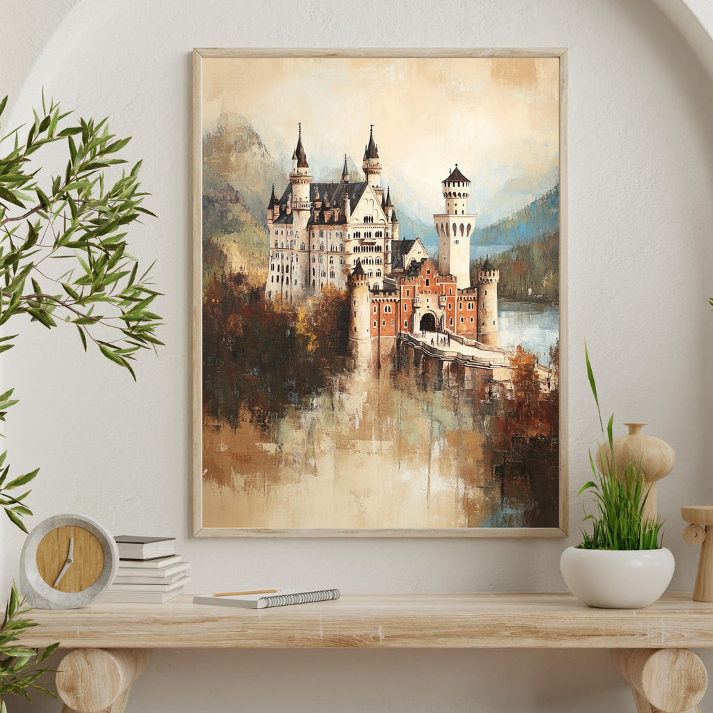 Neuschwanstein - The Dreamer's Fortress – Textured Beige Oil Painting of Neuschwanstein Castle Germany