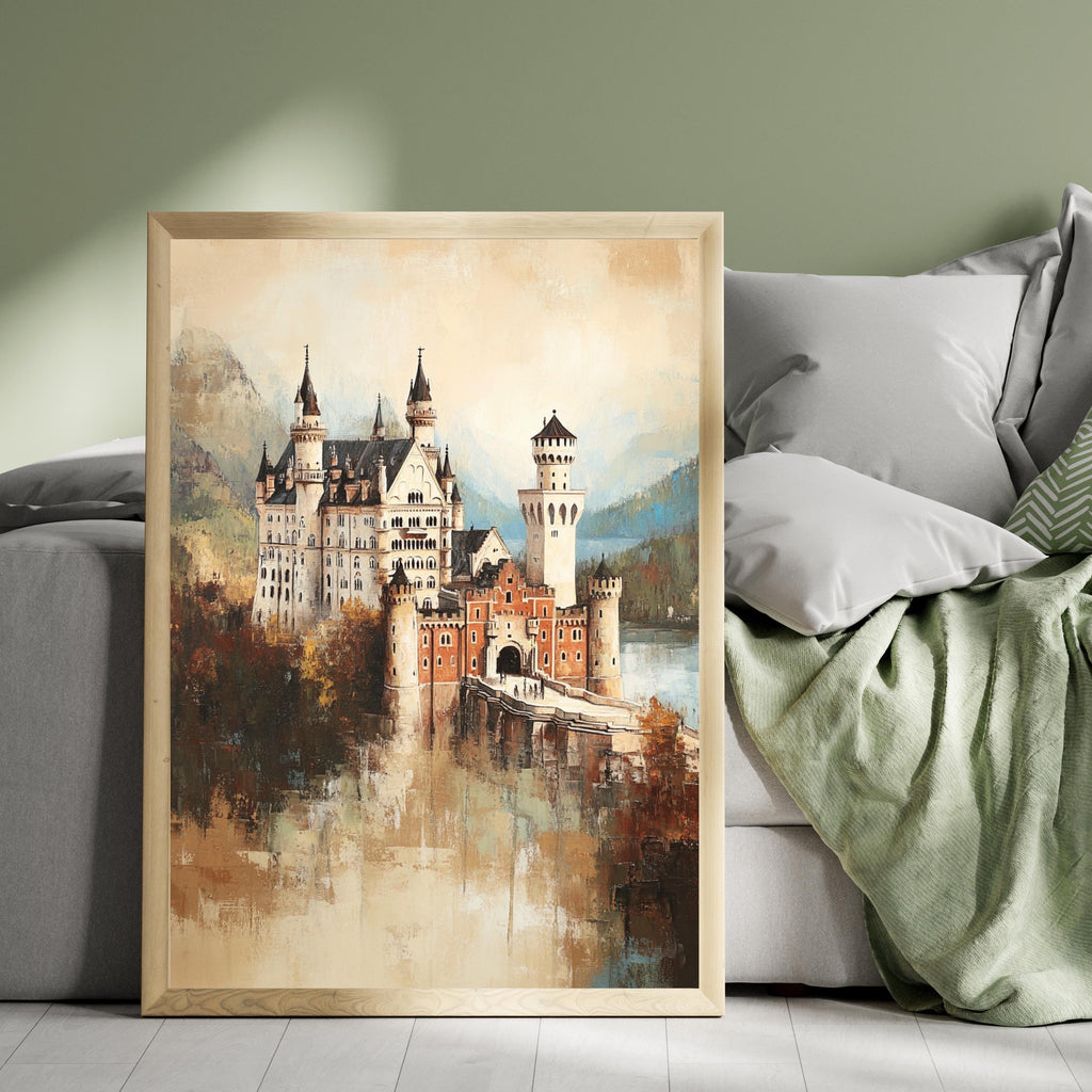 Neuschwanstein - The Dreamer's Fortress – Textured Beige Oil Painting of Neuschwanstein Castle Germany