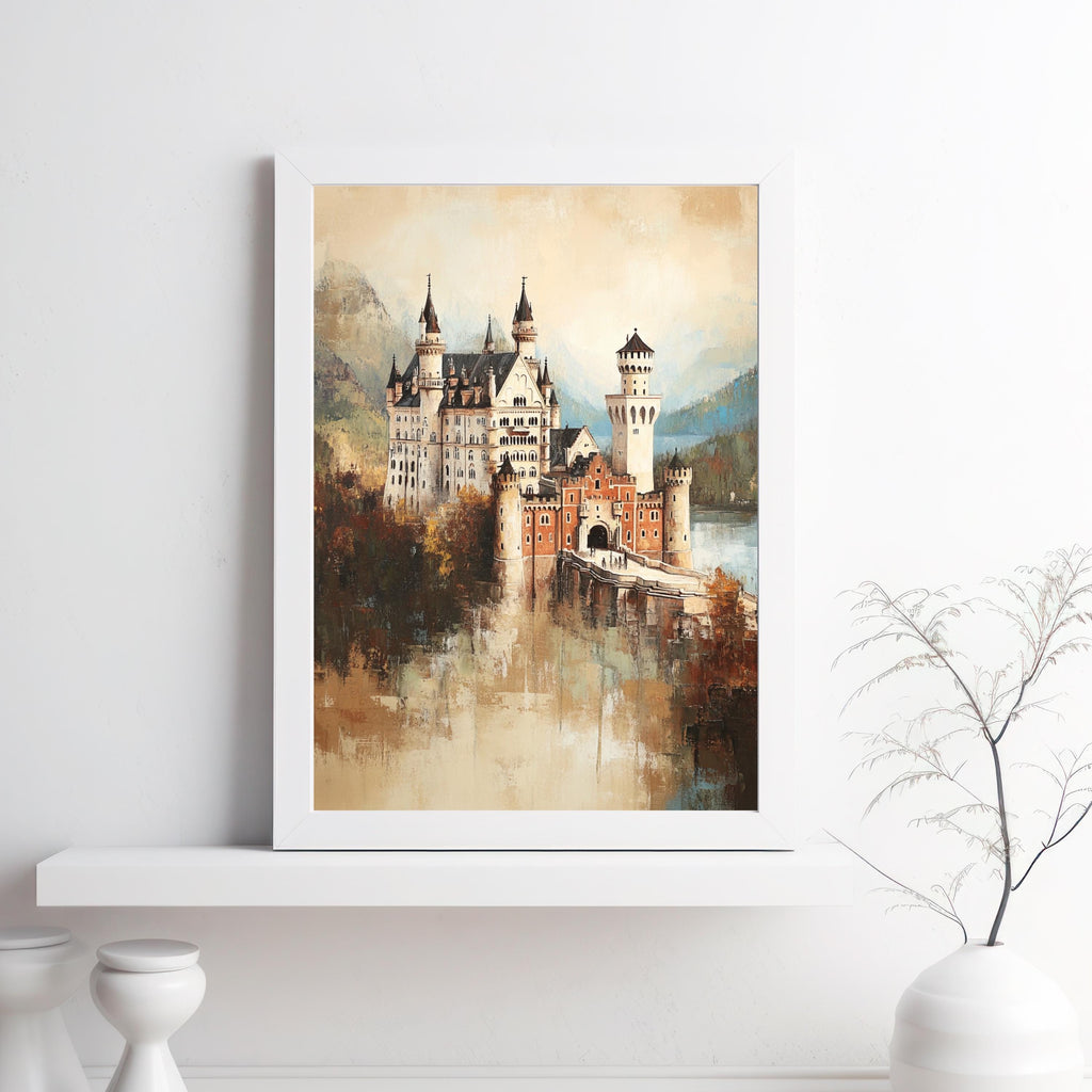 Neuschwanstein - The Dreamer's Fortress – Textured Beige Oil Painting of Neuschwanstein Castle Germany