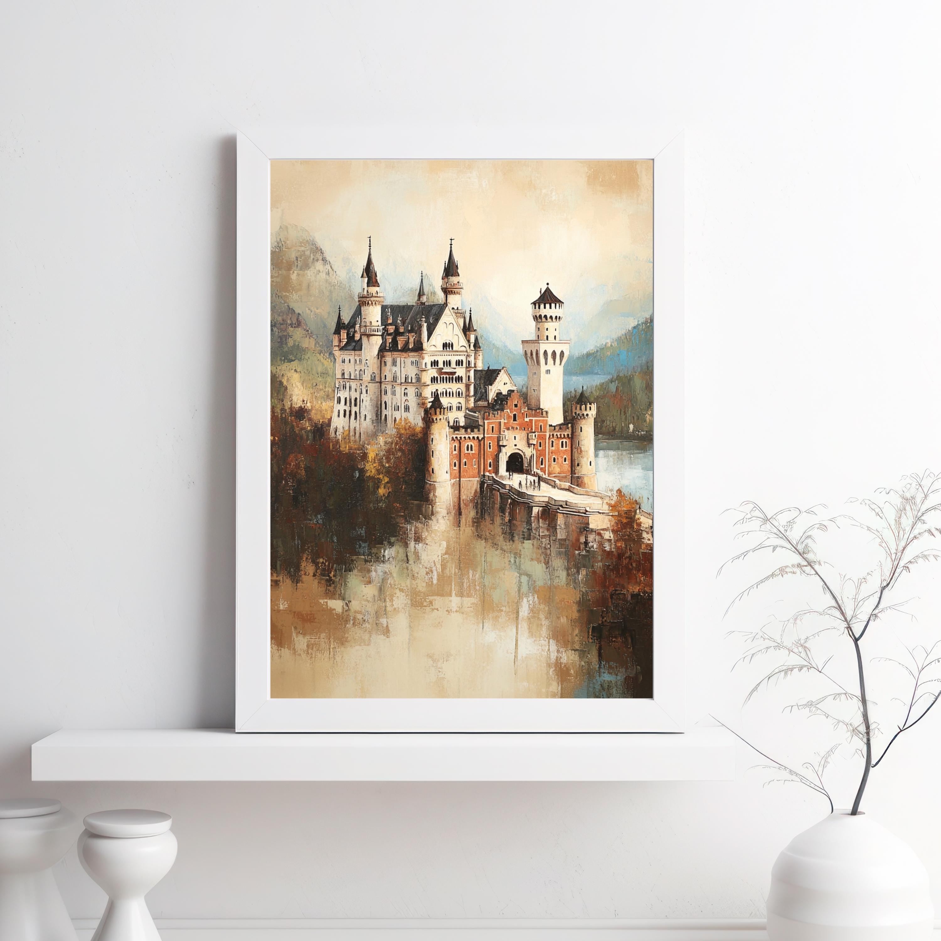 Neuschwanstein - The Dreamer's Fortress – Textured Beige Oil Painting of Neuschwanstein Castle Germany