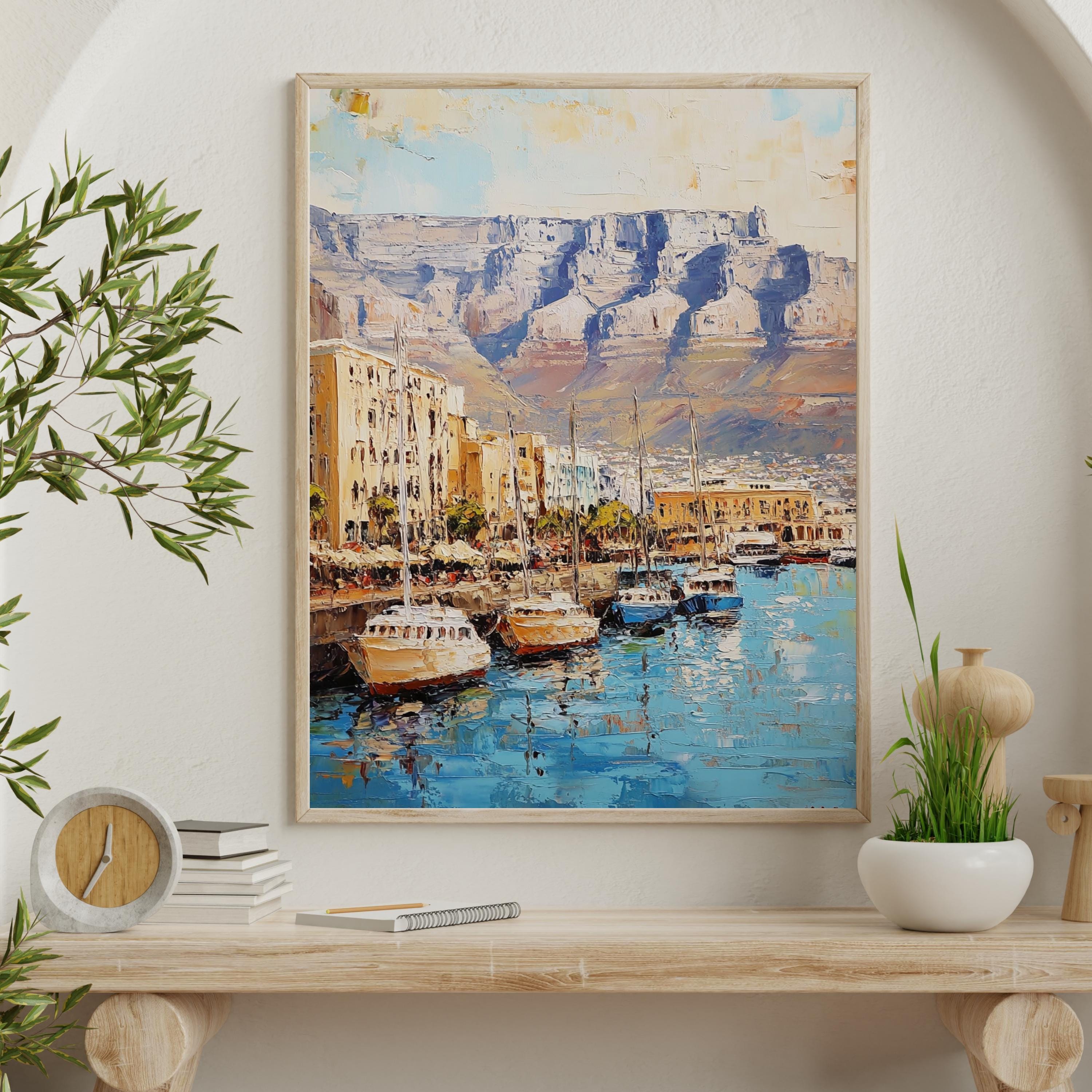 Table Mountain Cape Calm – Textured Beige Oil Painting of Table Mountain, South Africa