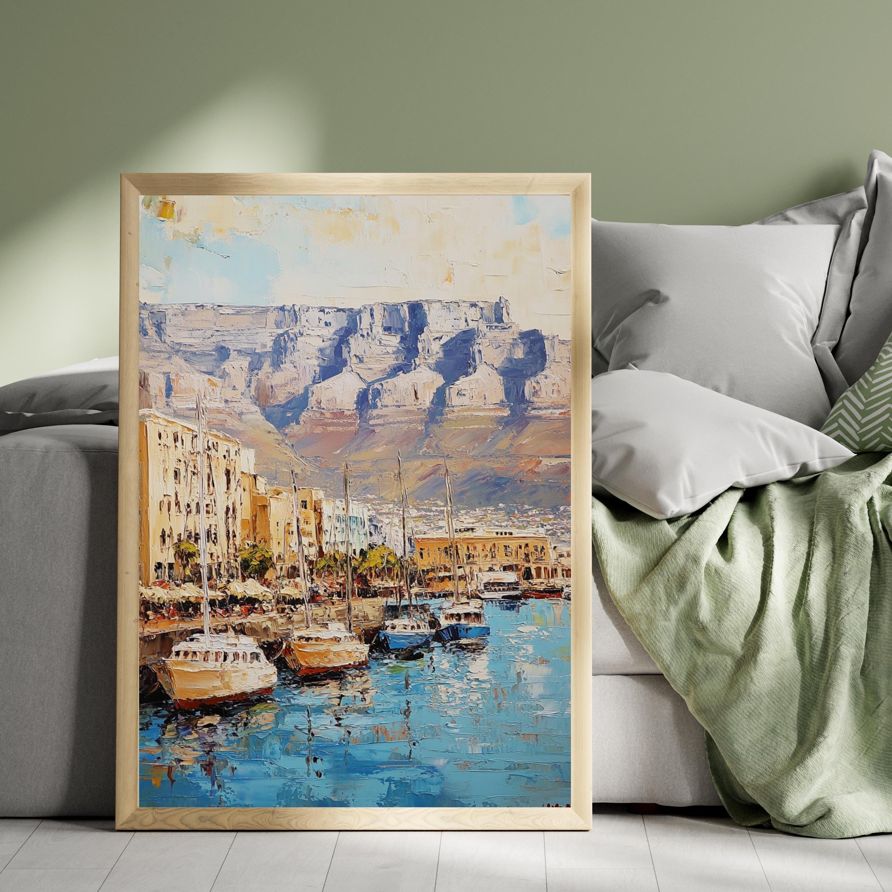 Table Mountain Cape Calm – Textured Beige Oil Painting of Table Mountain, South Africa