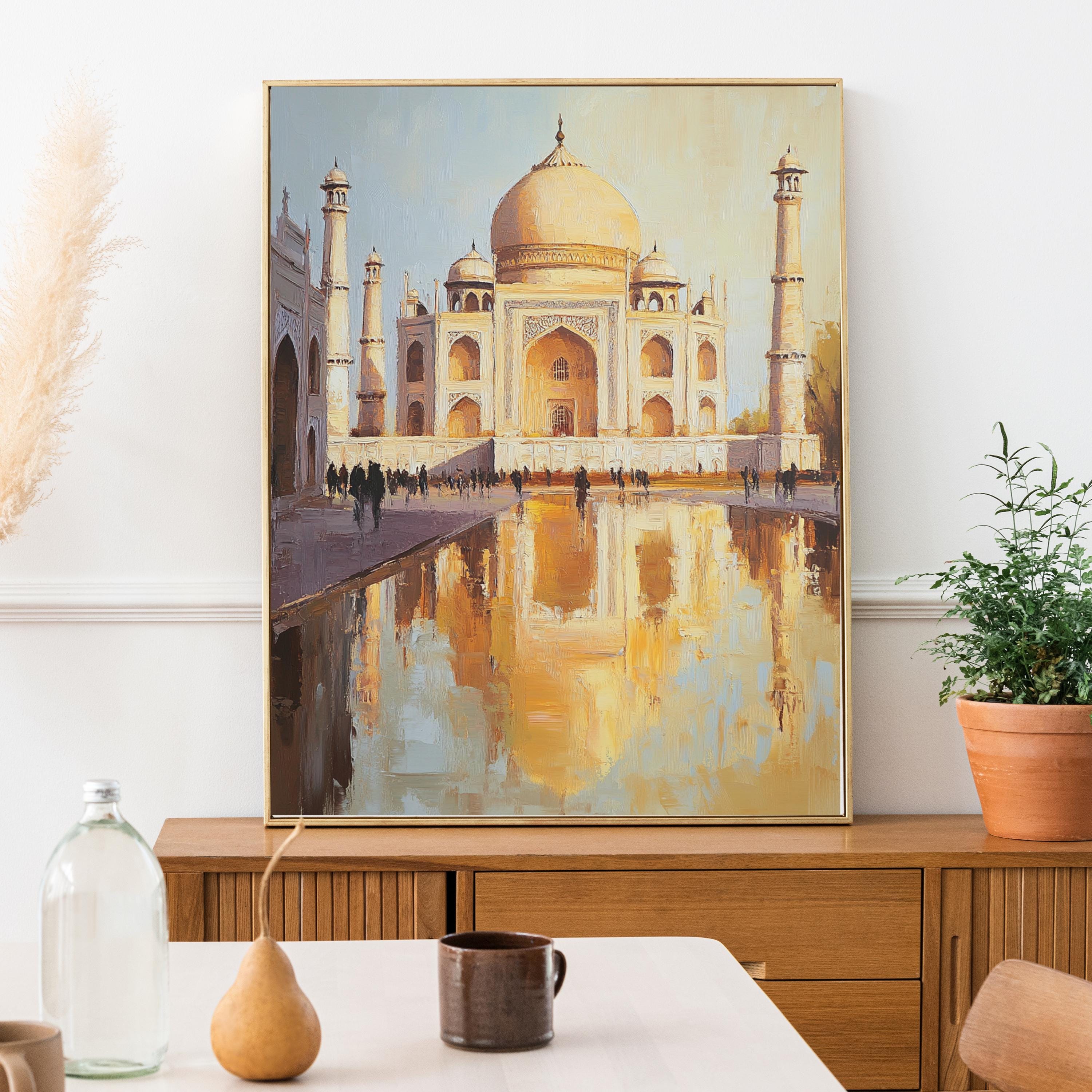 Taj Mahal painting - Eternal Light – Textured Beige Oil Painting of the Taj Mahal, India