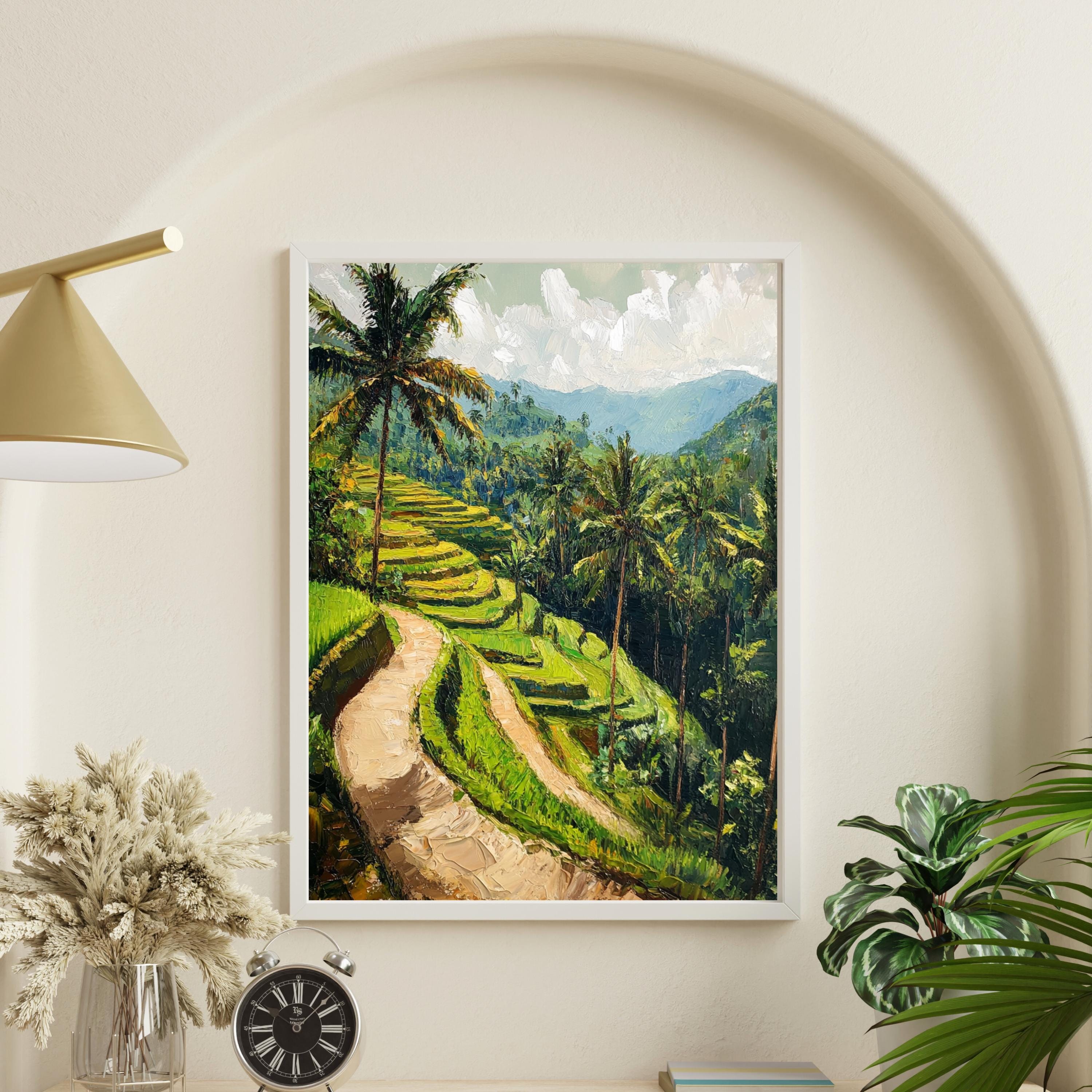 Rice terraces painting - Echoes of Ubud – Textured Beige Oil Painting of Bali’s Rice Terraces