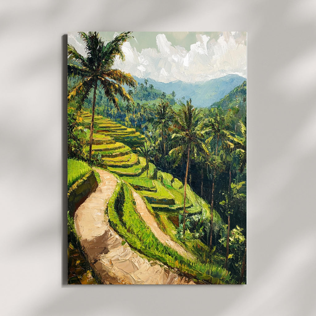 Rice terraces painting - Echoes of Ubud – Textured Beige Oil Painting of Bali’s Rice Terraces