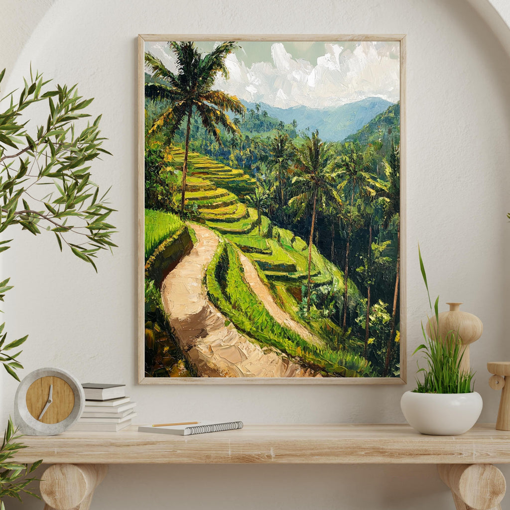 Rice terraces painting - Echoes of Ubud – Textured Beige Oil Painting of Bali’s Rice Terraces