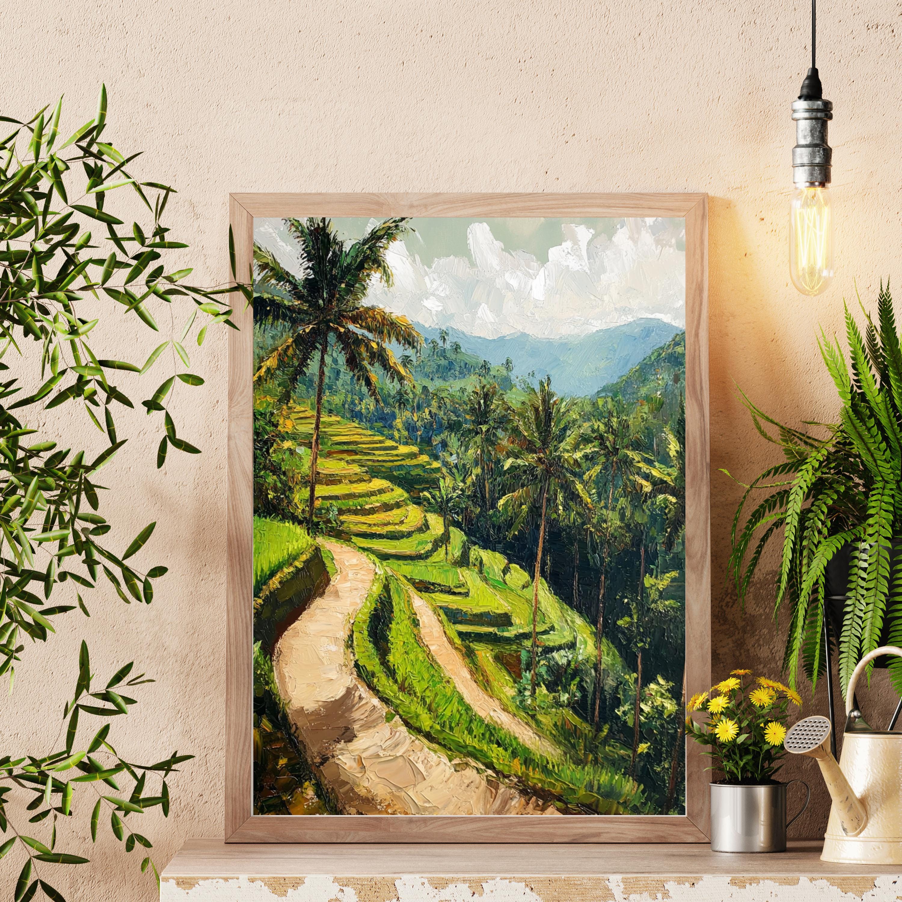 Rice terraces painting - Echoes of Ubud – Textured Beige Oil Painting of Bali’s Rice Terraces