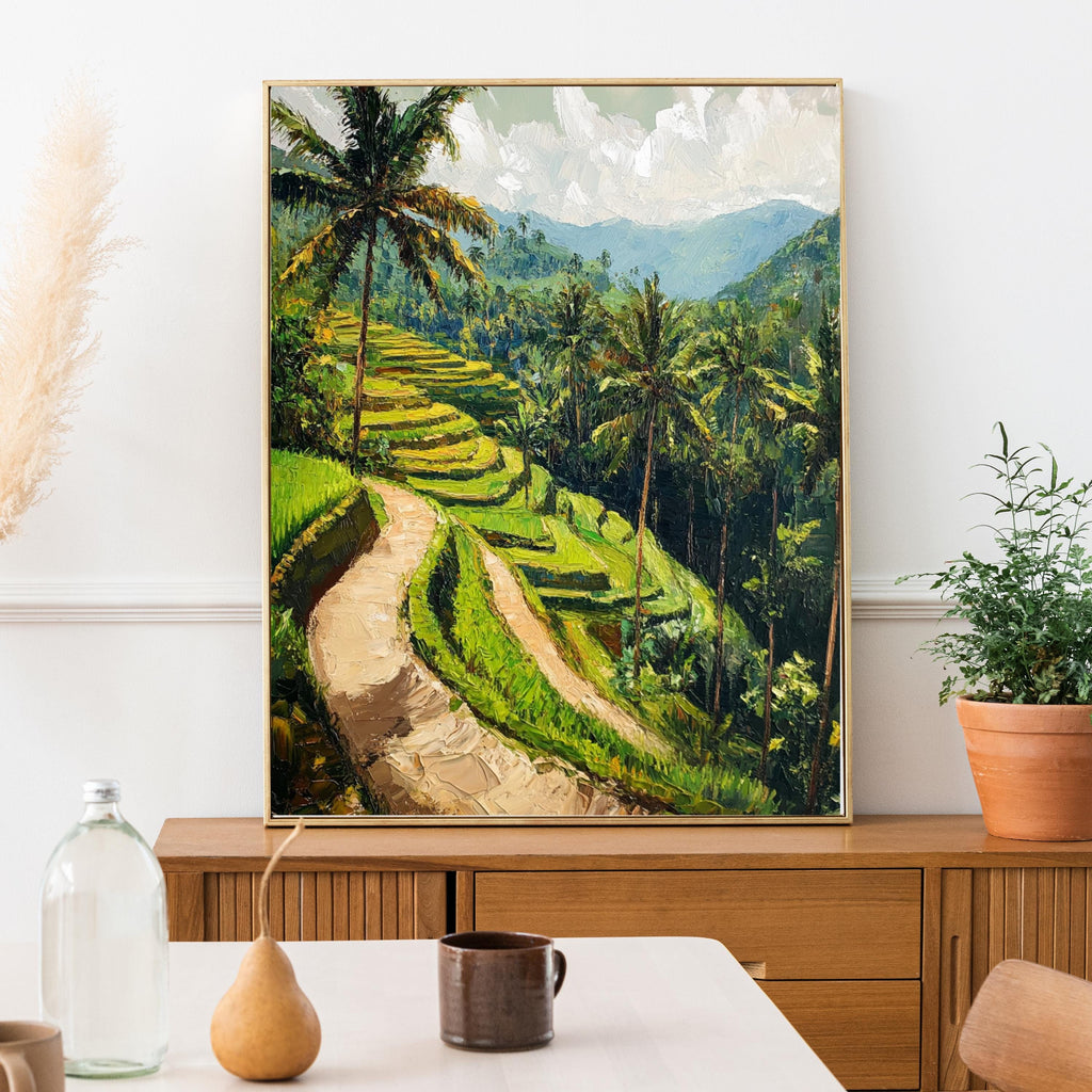 Rice terraces painting - Echoes of Ubud – Textured Beige Oil Painting of Bali’s Rice Terraces