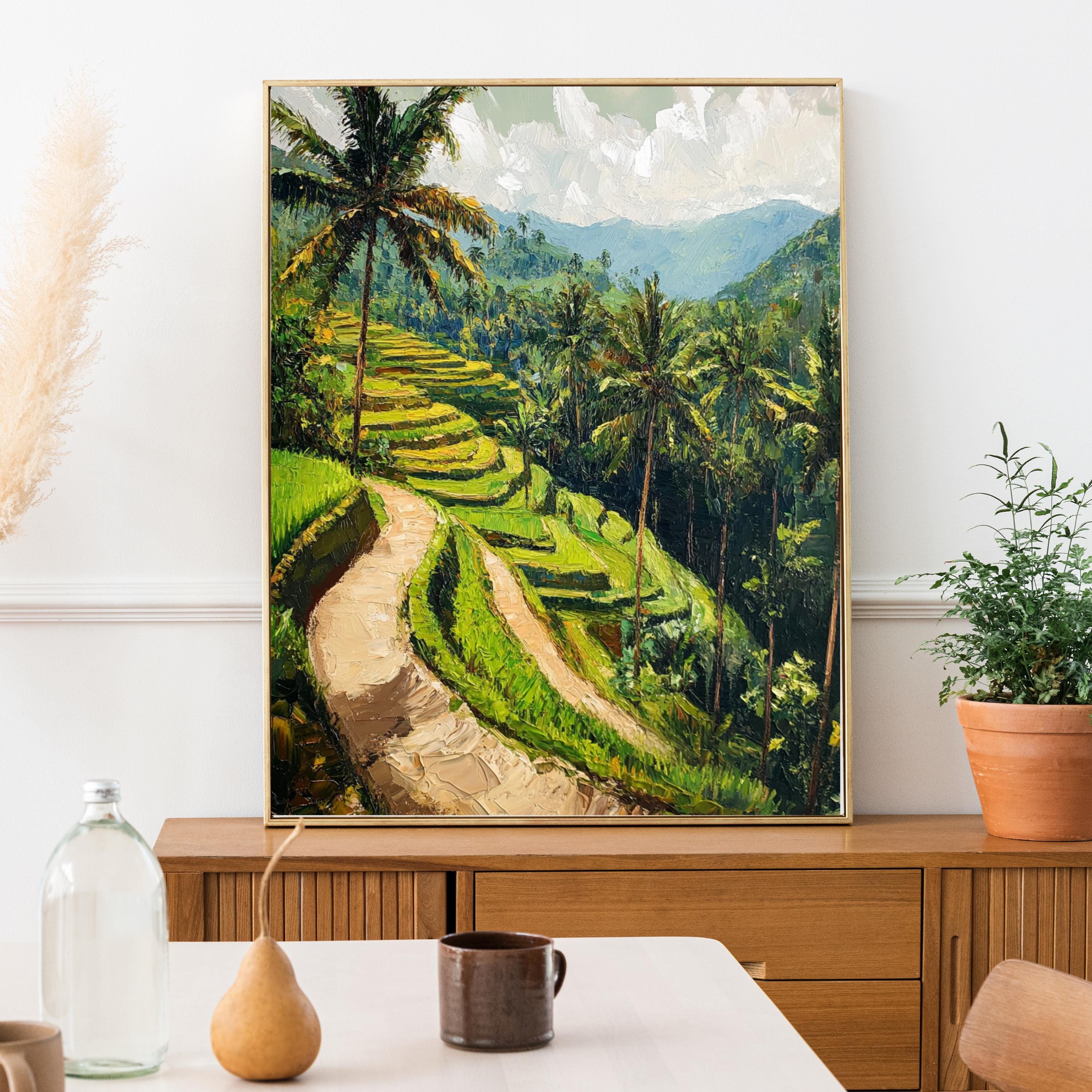 Rice terraces painting - Echoes of Ubud – Textured Beige Oil Painting of Bali’s Rice Terraces