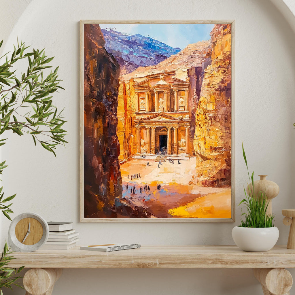 Petra, Jordan – Ancient Rose City Wall Art in Beige Palette Knife Oil – Textured Venetian Earthtone Painting of The Treasury