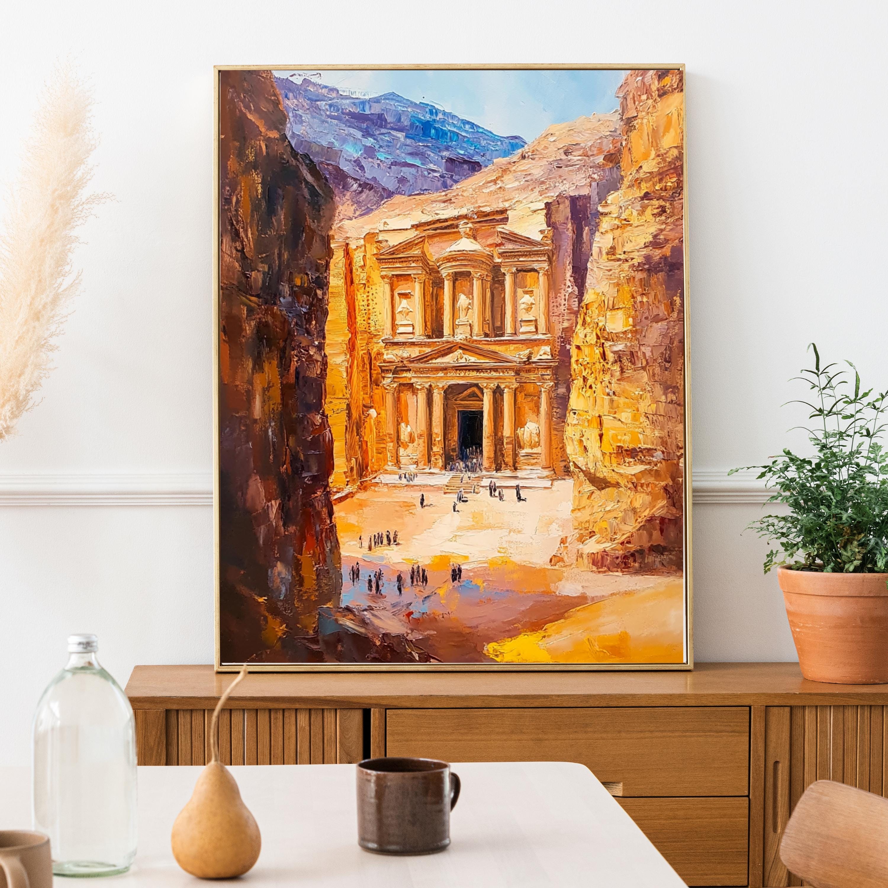Petra, Jordan – Ancient Rose City Wall Art in Beige Palette Knife Oil – Textured Venetian Earthtone Painting of The Treasury