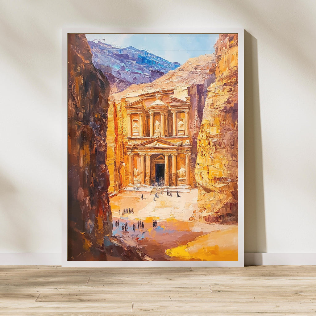 Petra, Jordan – Ancient Rose City Wall Art in Beige Palette Knife Oil – Textured Venetian Earthtone Painting of The Treasury