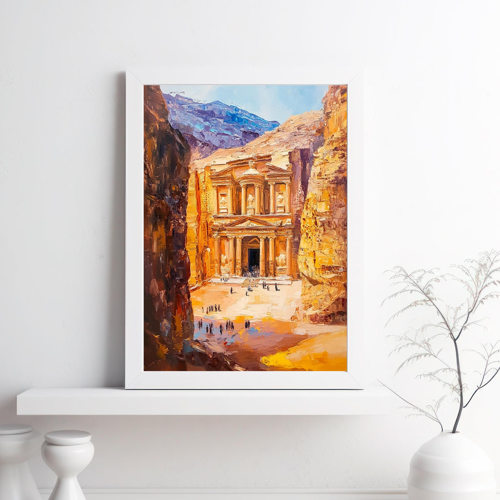 Petra, Jordan – Ancient Rose City Wall Art in Beige Palette Knife Oil – Textured Venetian Earthtone Painting of The Treasury