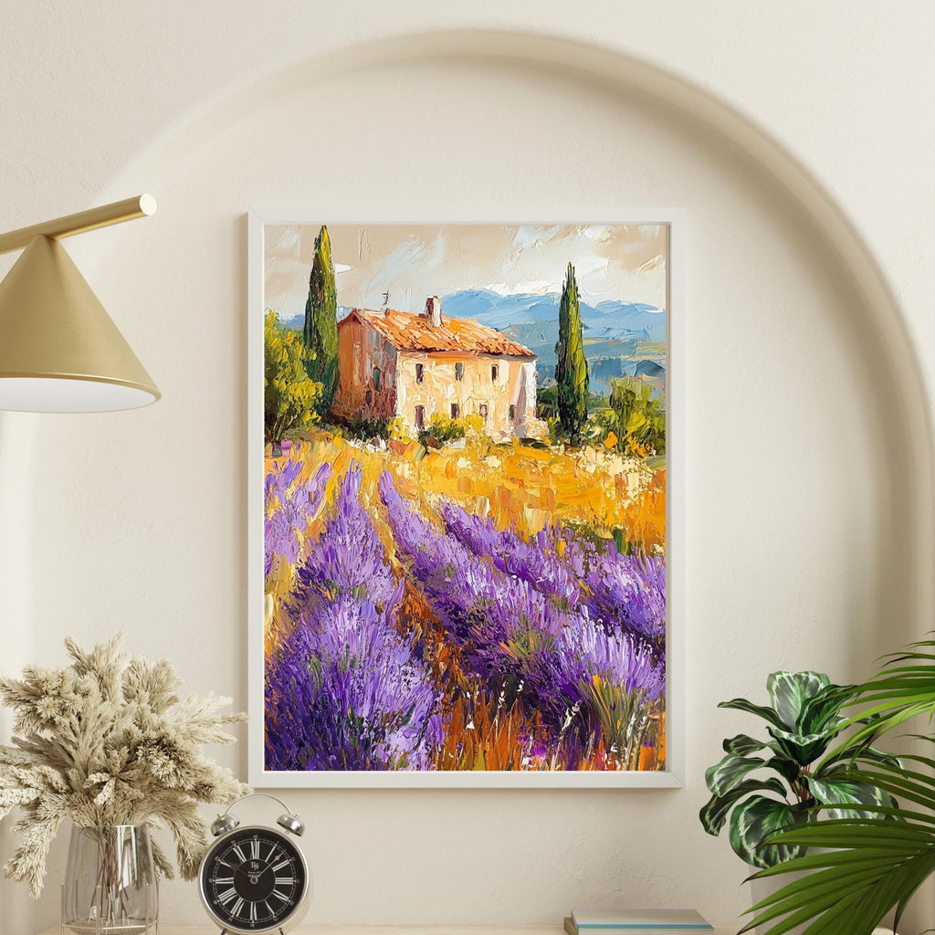 Lavender Fields of Provence – Textured Beige Oil Painting Inspired by the French Countryside – Neutral Rustic Floral Wall Art