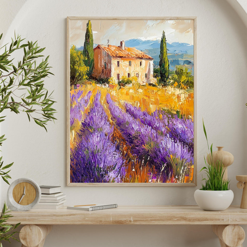 Lavender Fields of Provence – Textured Beige Oil Painting Inspired by the French Countryside – Neutral Rustic Floral Wall Art