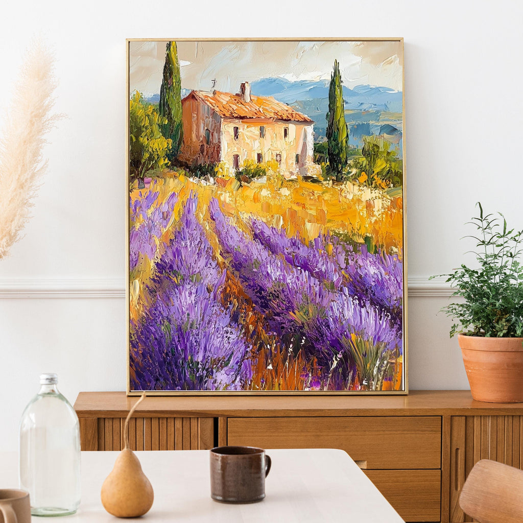 Lavender Fields of Provence – Textured Beige Oil Painting Inspired by the French Countryside – Neutral Rustic Floral Wall Art