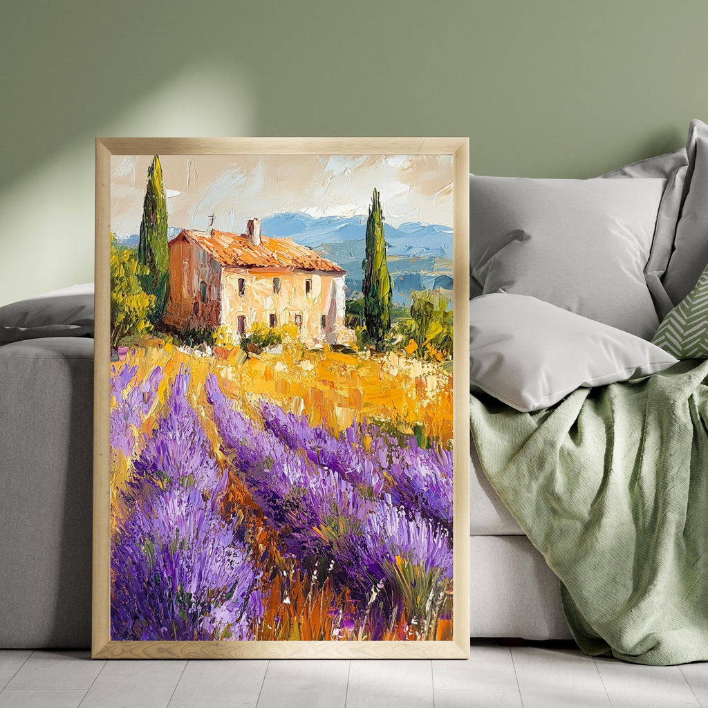 Lavender Fields of Provence – Textured Beige Oil Painting Inspired by the French Countryside – Neutral Rustic Floral Wall Art