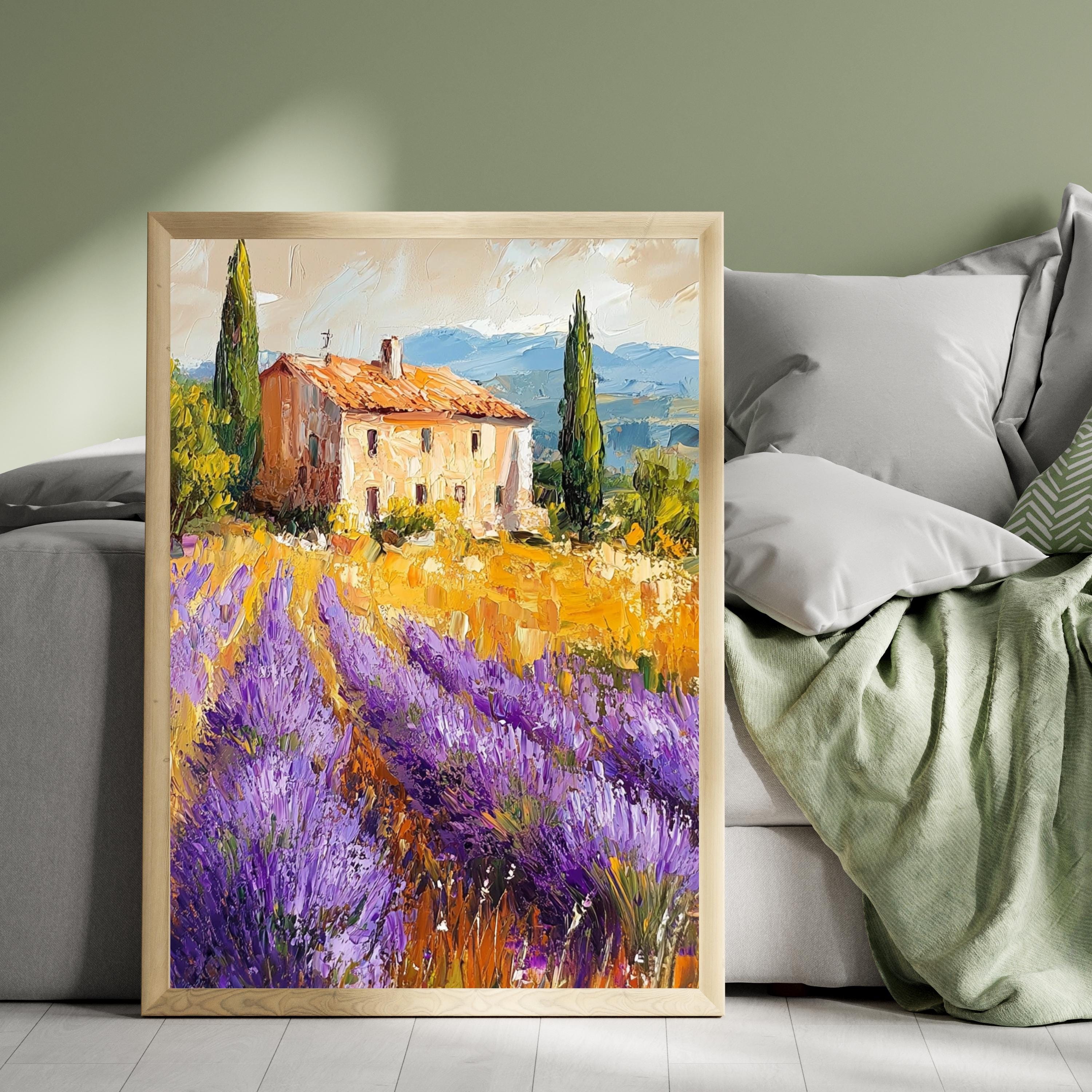 Lavender Fields of Provence – Textured Beige Oil Painting Inspired by the French Countryside – Neutral Rustic Floral Wall Art