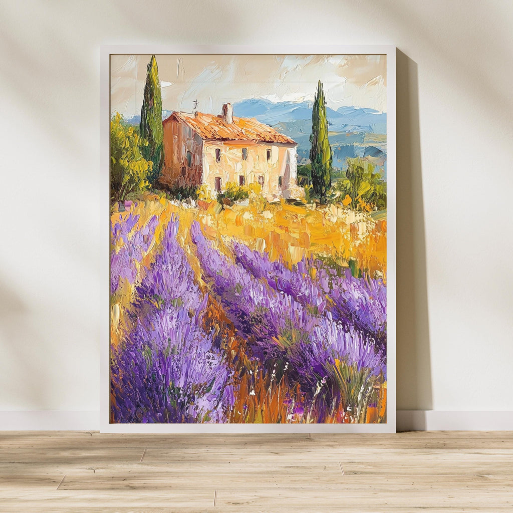 Lavender Fields of Provence – Textured Beige Oil Painting Inspired by the French Countryside – Neutral Rustic Floral Wall Art