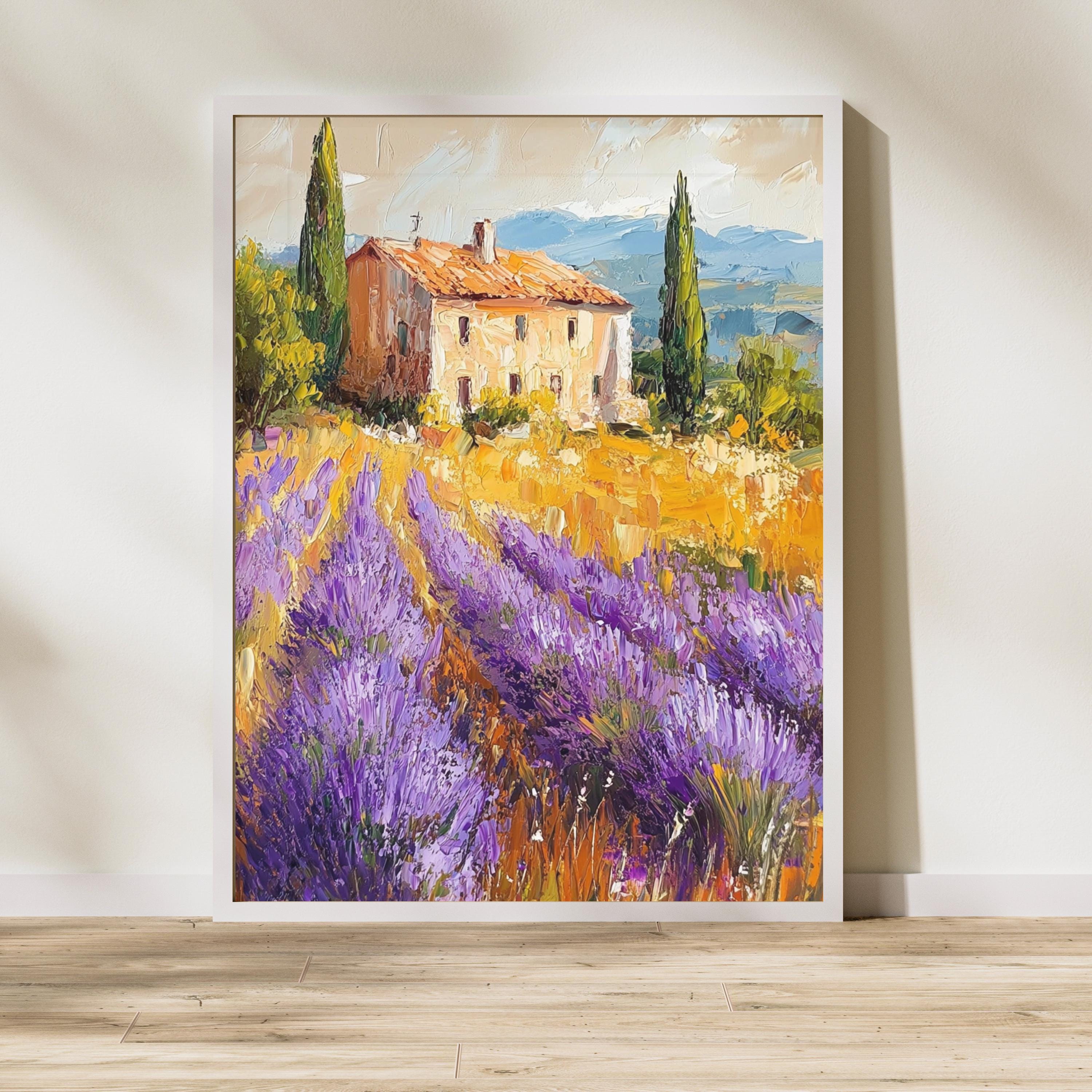 Lavender Fields of Provence – Textured Beige Oil Painting Inspired by the French Countryside – Neutral Rustic Floral Wall Art