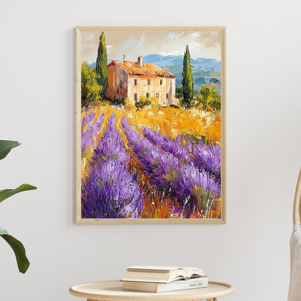 Lavender Fields of Provence – Textured Beige Oil Painting Inspired by the French Countryside – Neutral Rustic Floral Wall Art