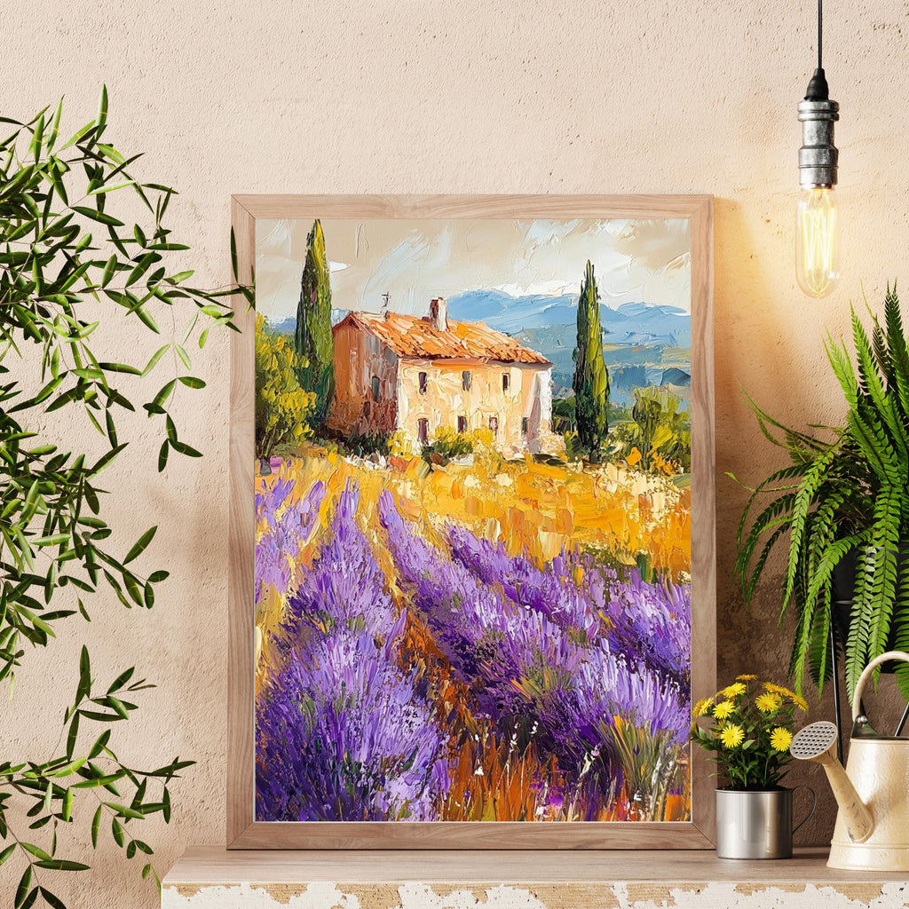 Lavender Fields of Provence – Textured Beige Oil Painting Inspired by the French Countryside – Neutral Rustic Floral Wall Art