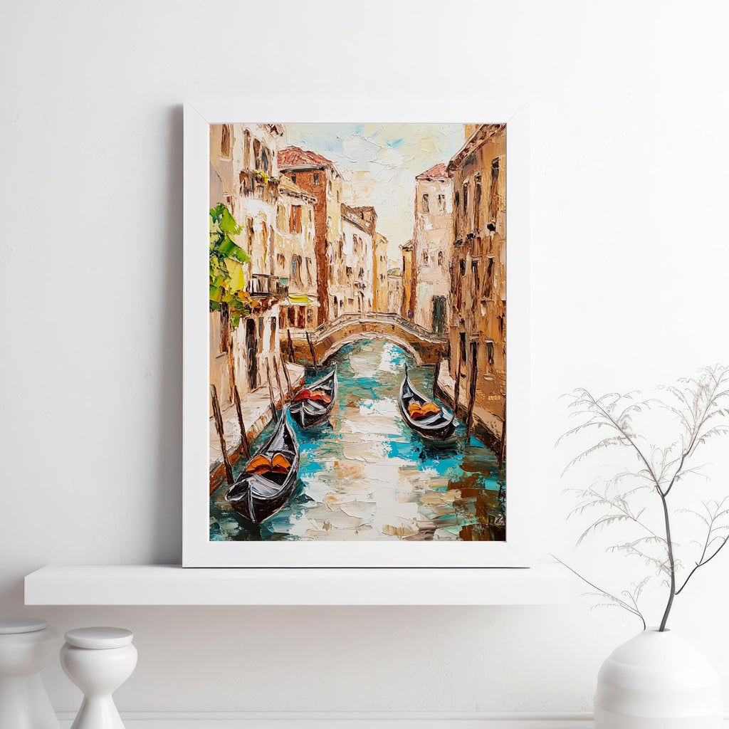 Venice Canal Reflections – Textured Beige Palette Knife Oil Painting – Italian Waterway Wall Art with Rustic Romance
