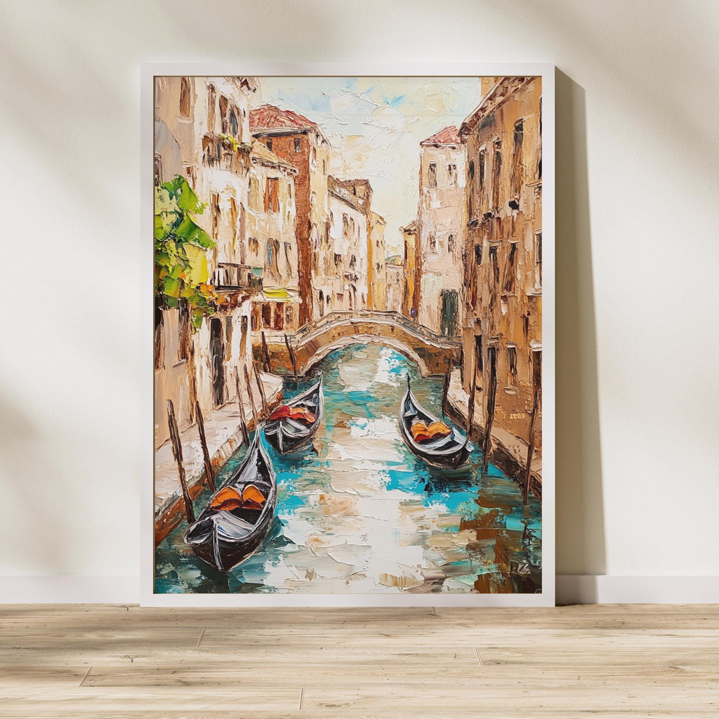 Venice Canal Reflections – Textured Beige Palette Knife Oil Painting – Italian Waterway Wall Art with Rustic Romance