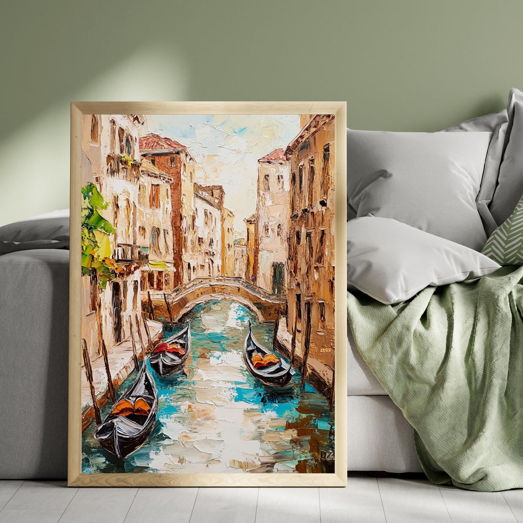 Venice Canal Reflections – Textured Beige Palette Knife Oil Painting – Italian Waterway Wall Art with Rustic Romance