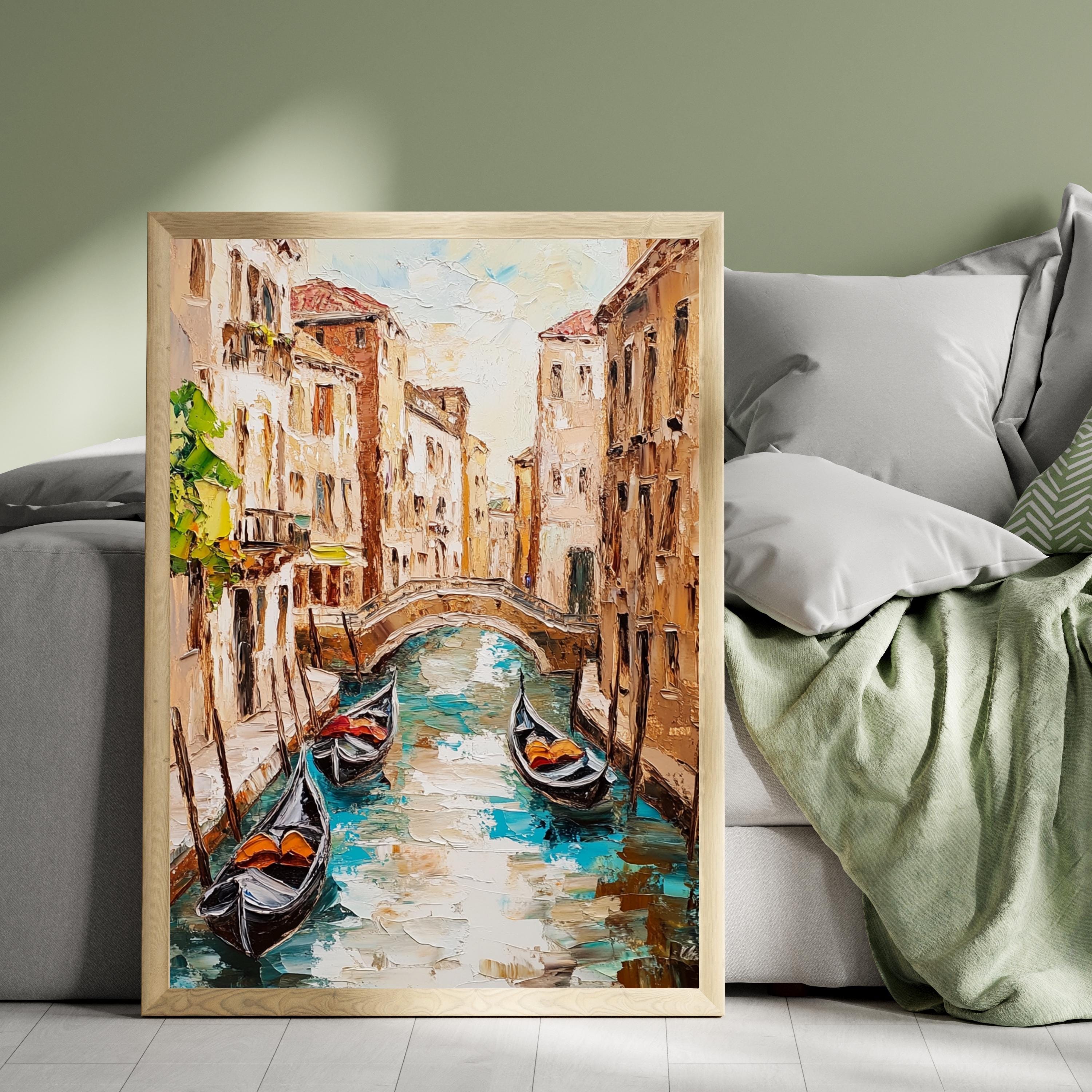 Venice Canal Reflections – Textured Beige Palette Knife Oil Painting – Italian Waterway Wall Art with Rustic Romance