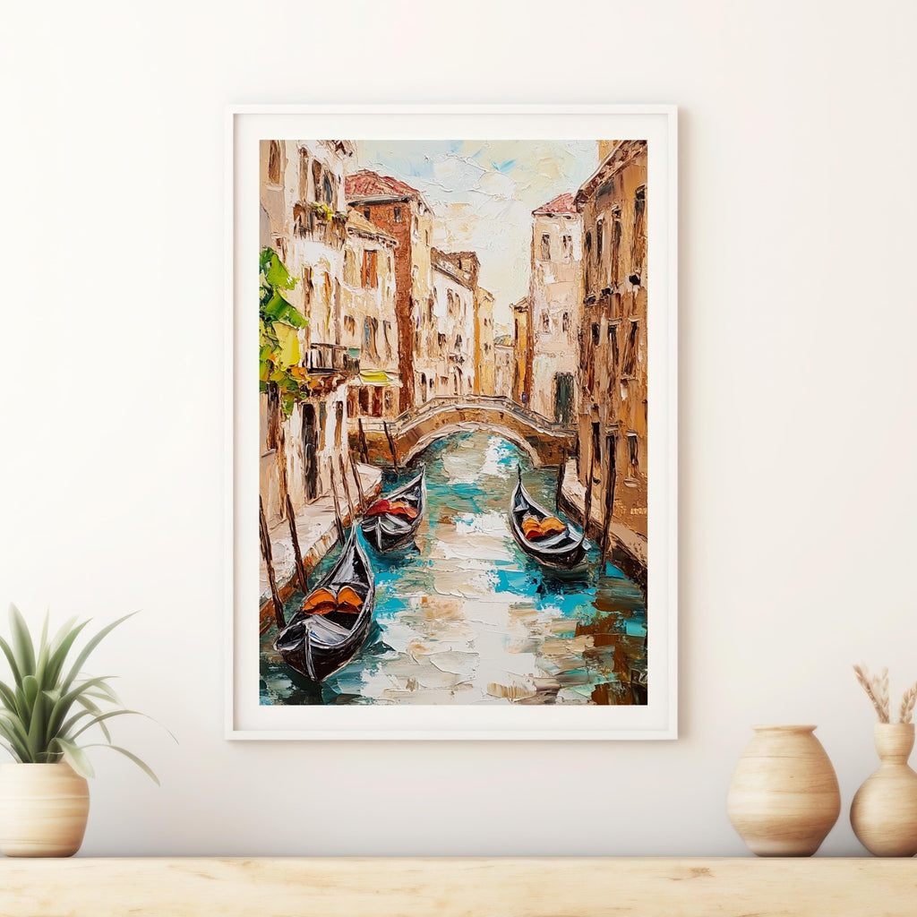 Venice Canal Reflections – Textured Beige Palette Knife Oil Painting – Italian Waterway Wall Art with Rustic Romance