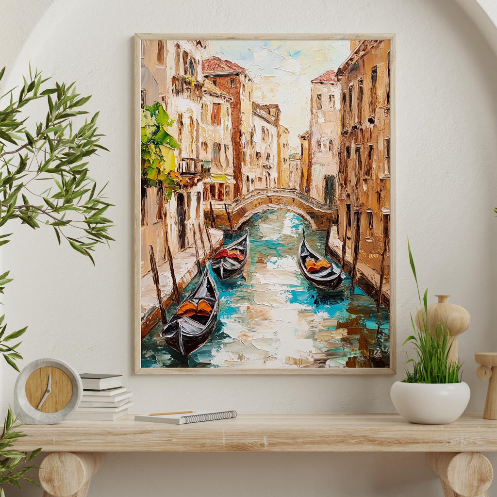 Venice Canal Reflections – Textured Beige Palette Knife Oil Painting – Italian Waterway Wall Art with Rustic Romance