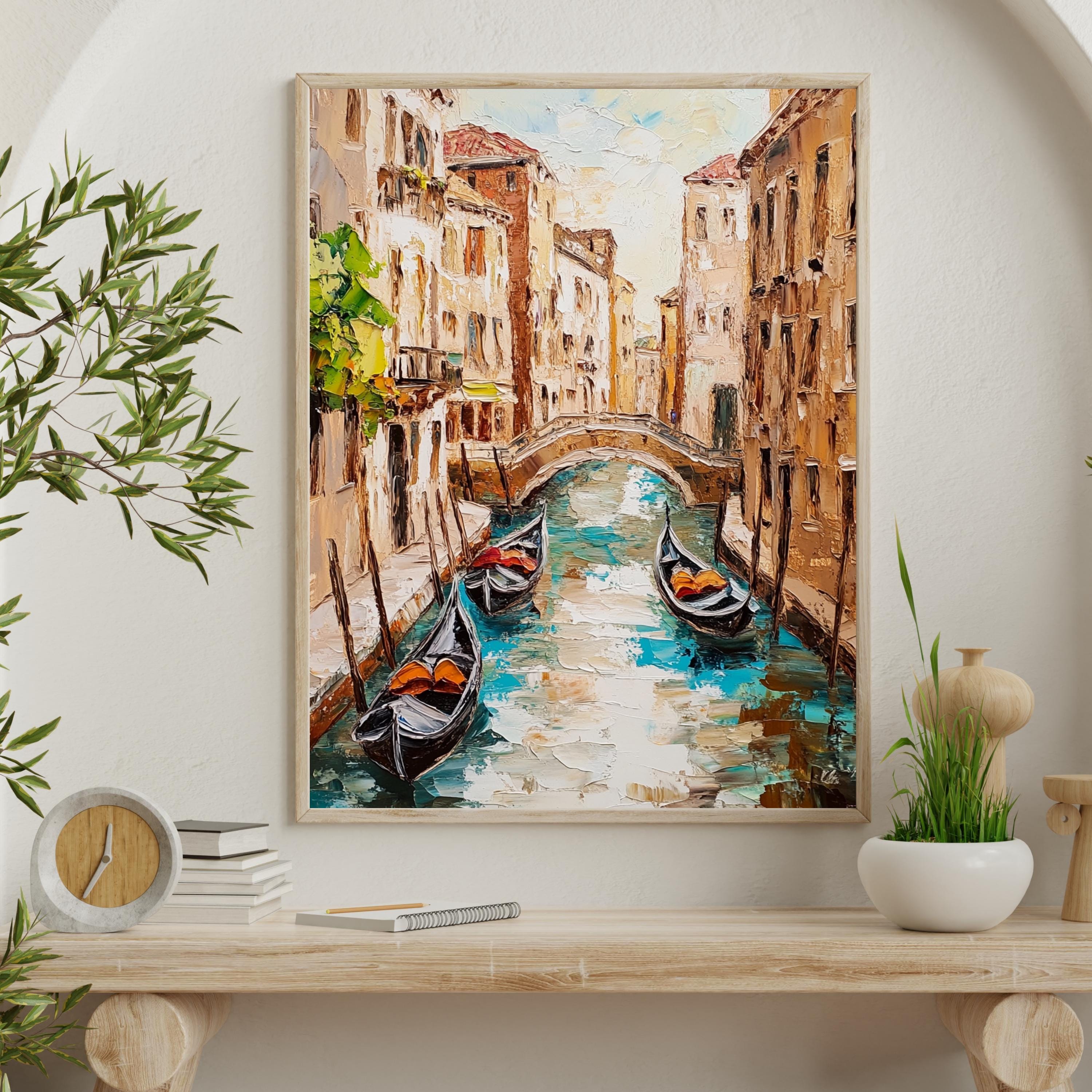Venice Canal Reflections – Textured Beige Palette Knife Oil Painting – Italian Waterway Wall Art with Rustic Romance