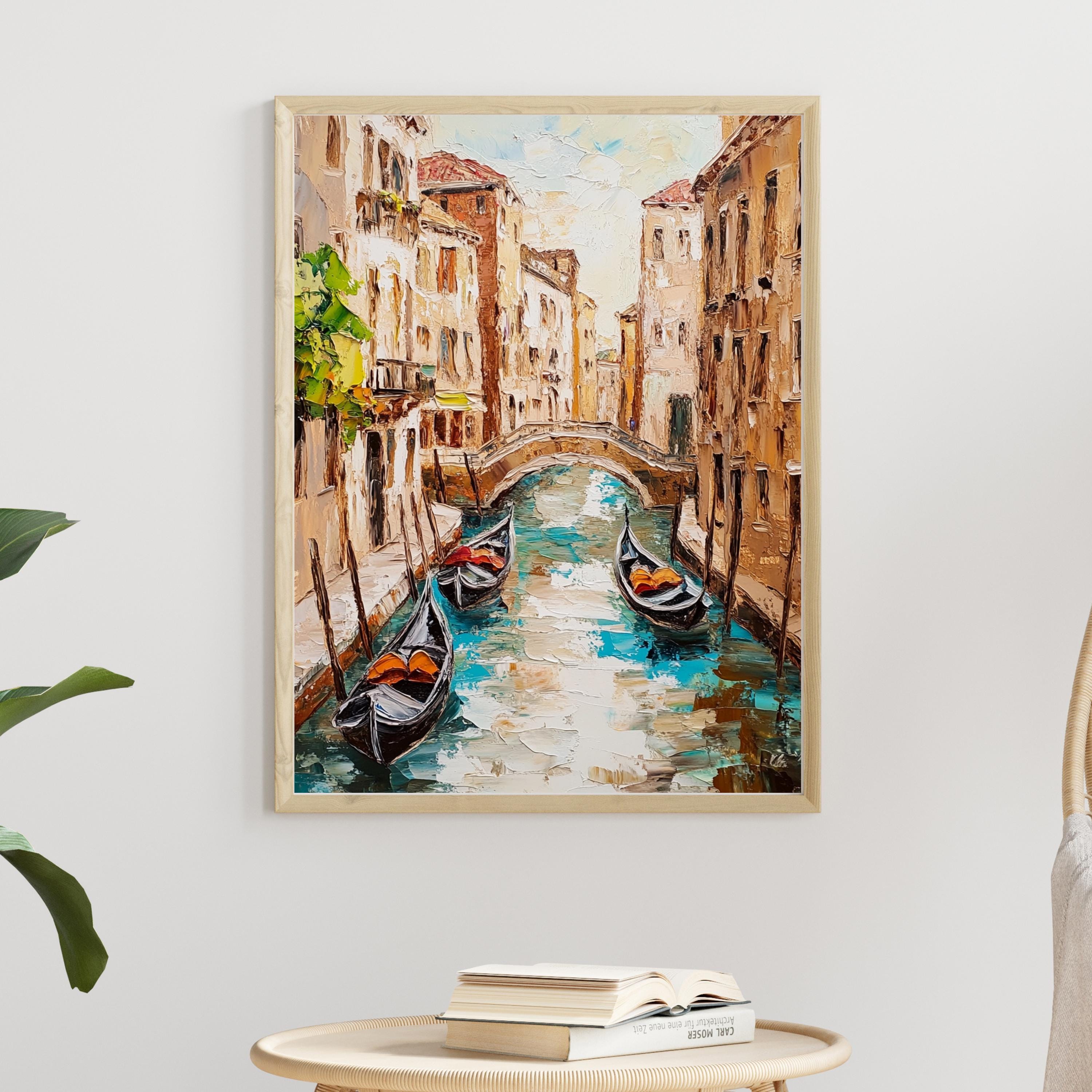 Venice Canal Reflections – Textured Beige Palette Knife Oil Painting – Italian Waterway Wall Art with Rustic Romance