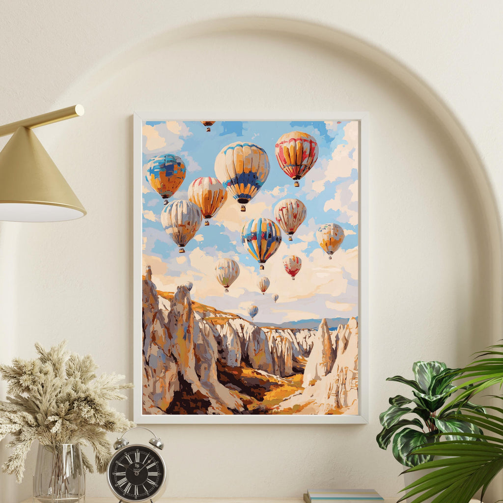 Cappadocia Balloon Skies – Textured Beige Oil Painting of Hot Air Balloons over Turkey’s Fairy Chimneys