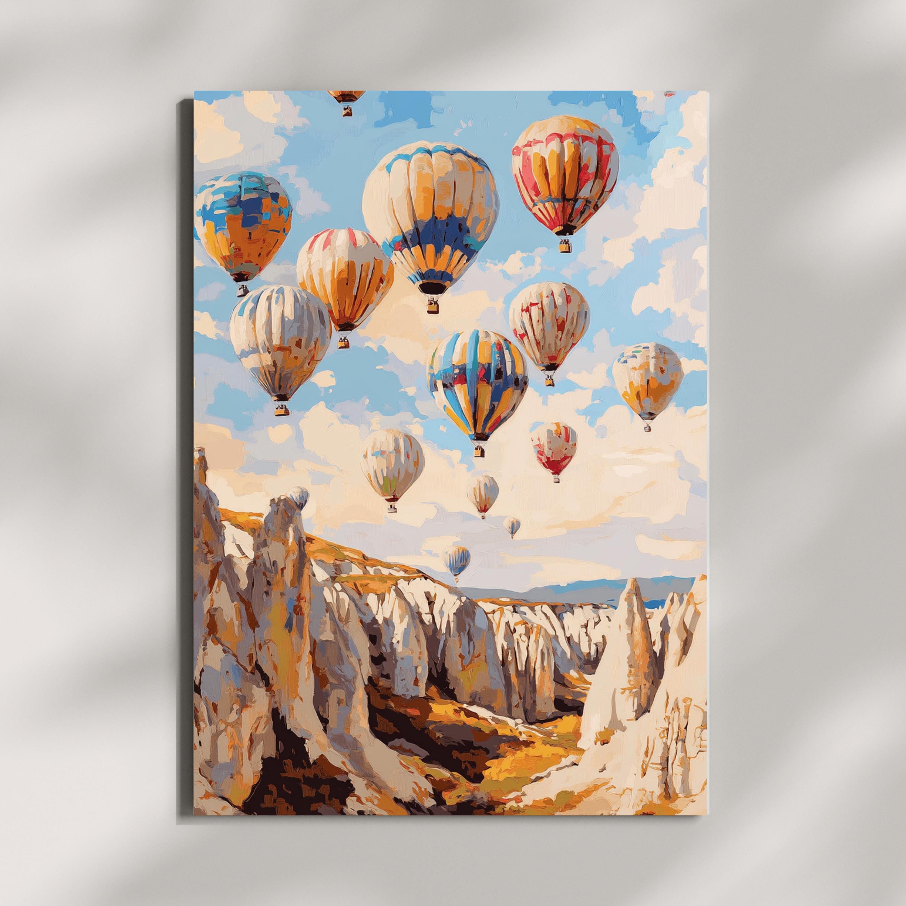 Cappadocia Balloon Skies – Textured Beige Oil Painting of Hot Air Balloons over Turkey’s Fairy Chimneys
