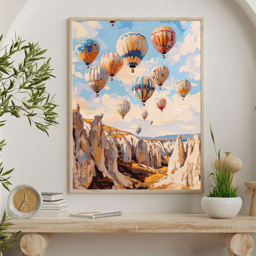Cappadocia Balloon Skies – Textured Beige Oil Painting of Hot Air Balloons over Turkey’s Fairy Chimneys