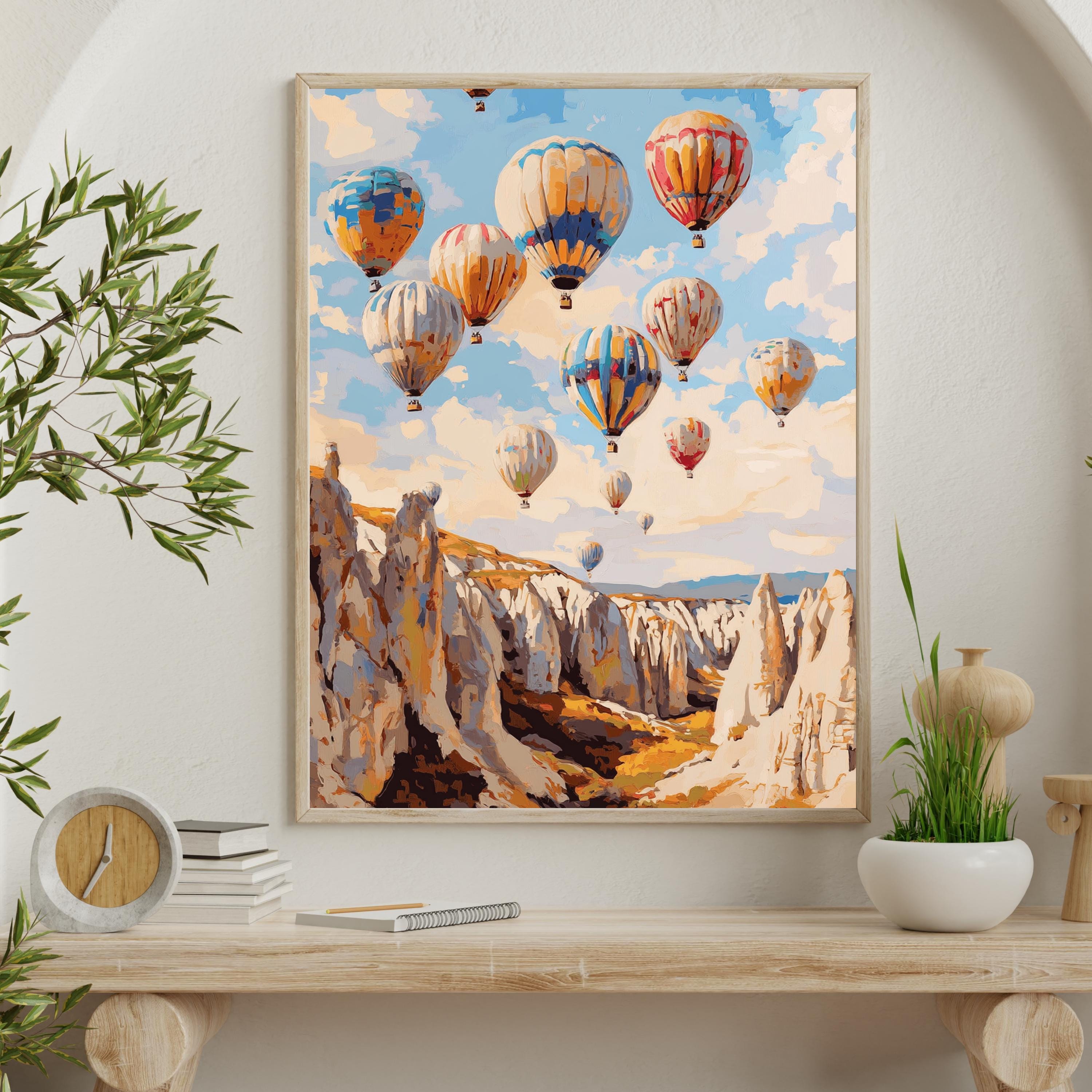 Cappadocia Balloon Skies – Textured Beige Oil Painting of Hot Air Balloons over Turkey’s Fairy Chimneys