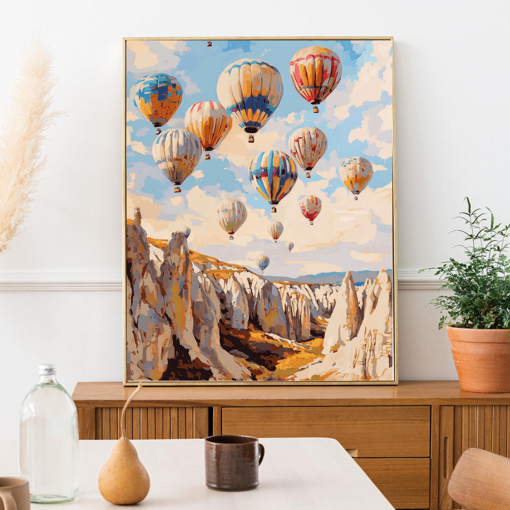 Cappadocia Balloon Skies – Textured Beige Oil Painting of Hot Air Balloons over Turkey’s Fairy Chimneys