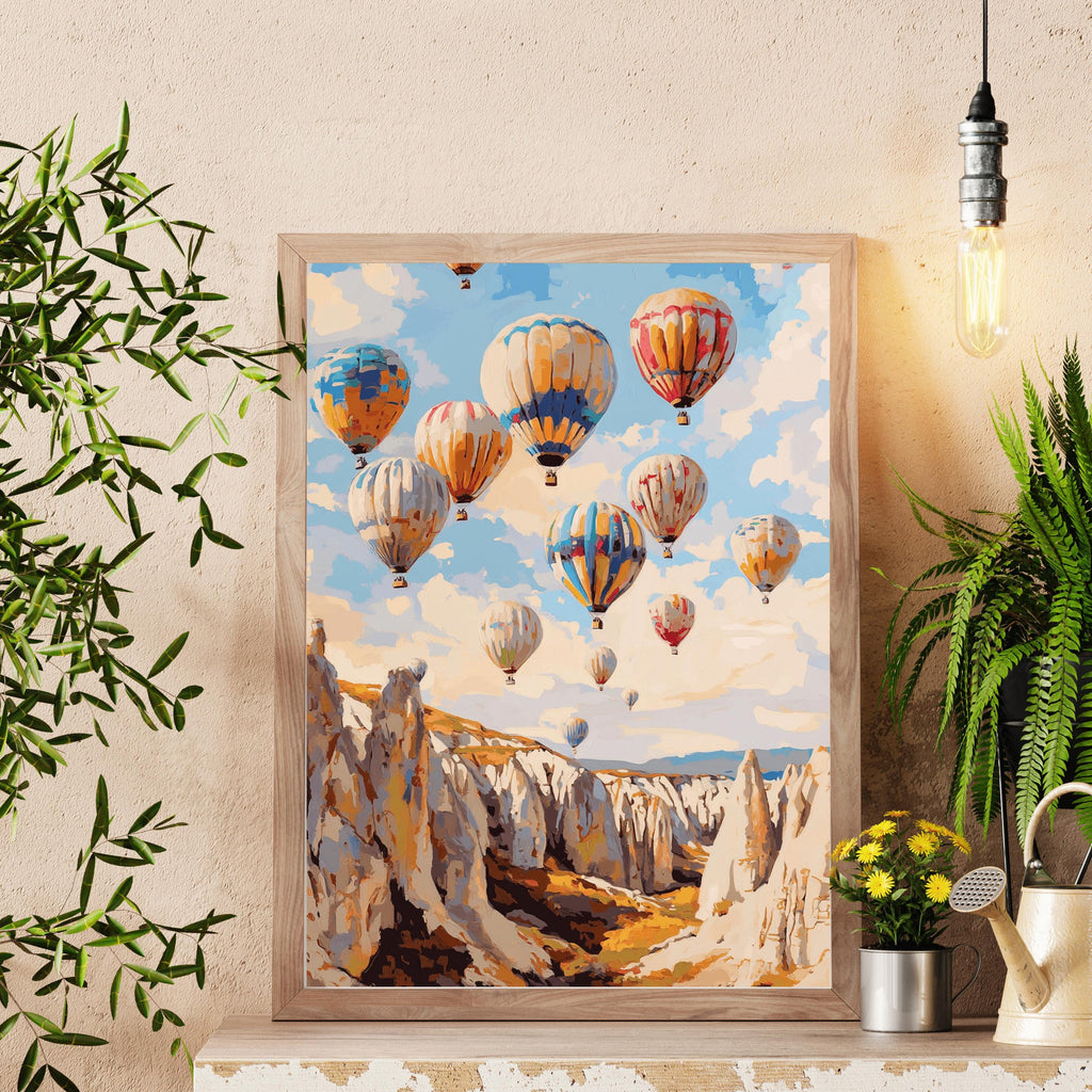 Cappadocia Balloon Skies – Textured Beige Oil Painting of Hot Air Balloons over Turkey’s Fairy Chimneys
