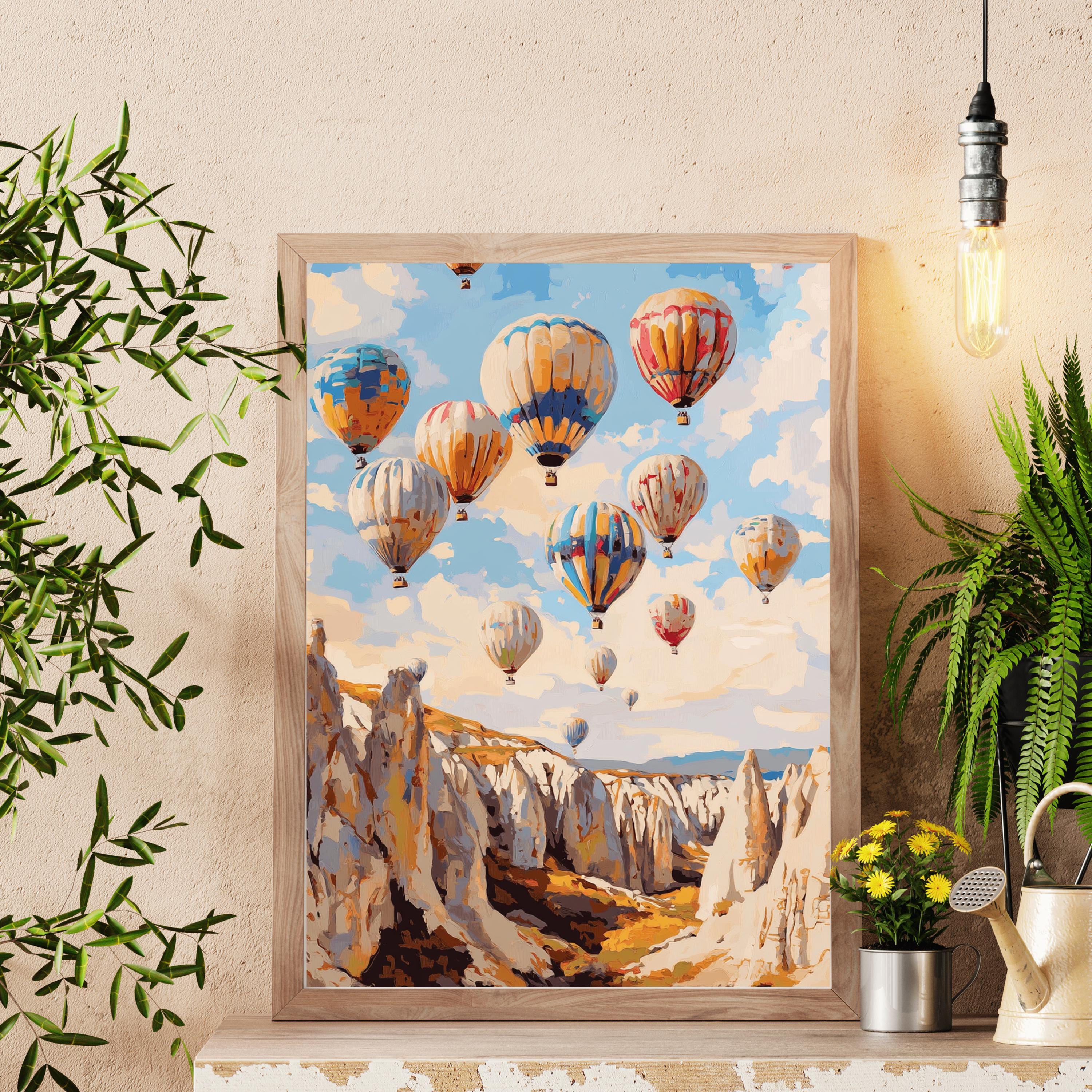 Cappadocia Balloon Skies – Textured Beige Oil Painting of Hot Air Balloons over Turkey’s Fairy Chimneys