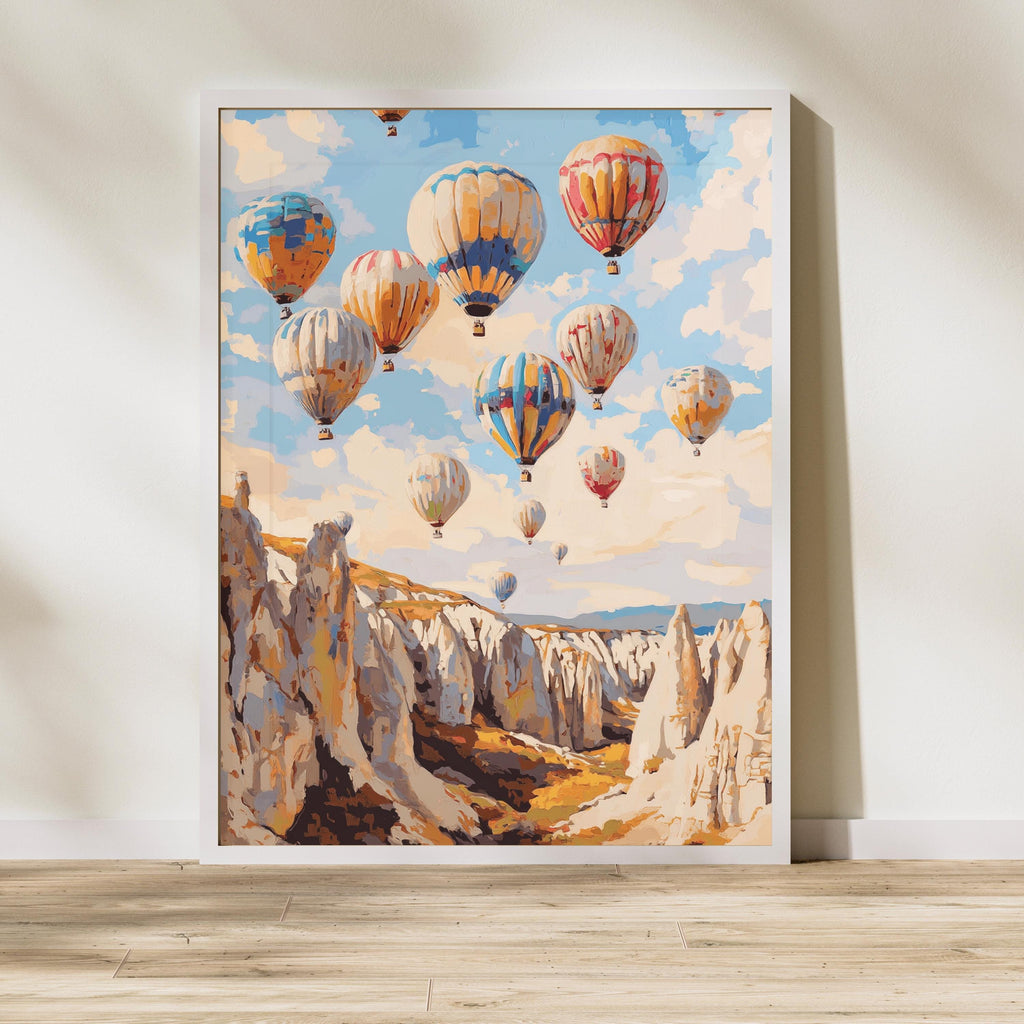 Cappadocia Balloon Skies – Textured Beige Oil Painting of Hot Air Balloons over Turkey’s Fairy Chimneys
