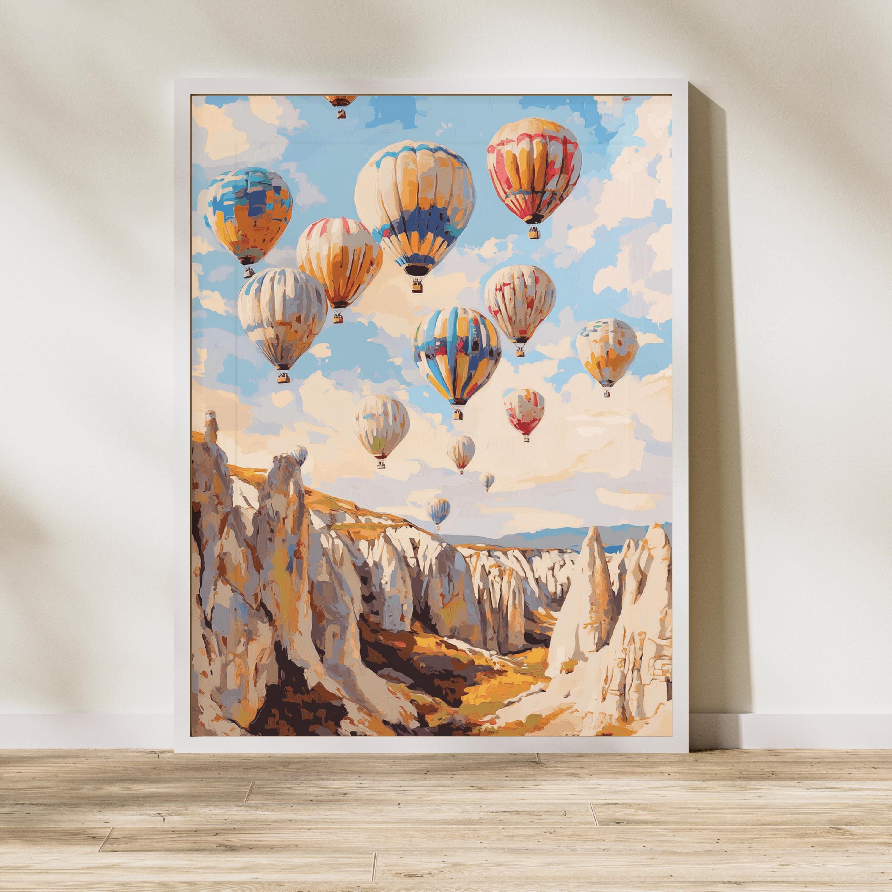 Cappadocia Balloon Skies – Textured Beige Oil Painting of Hot Air Balloons over Turkey’s Fairy Chimneys
